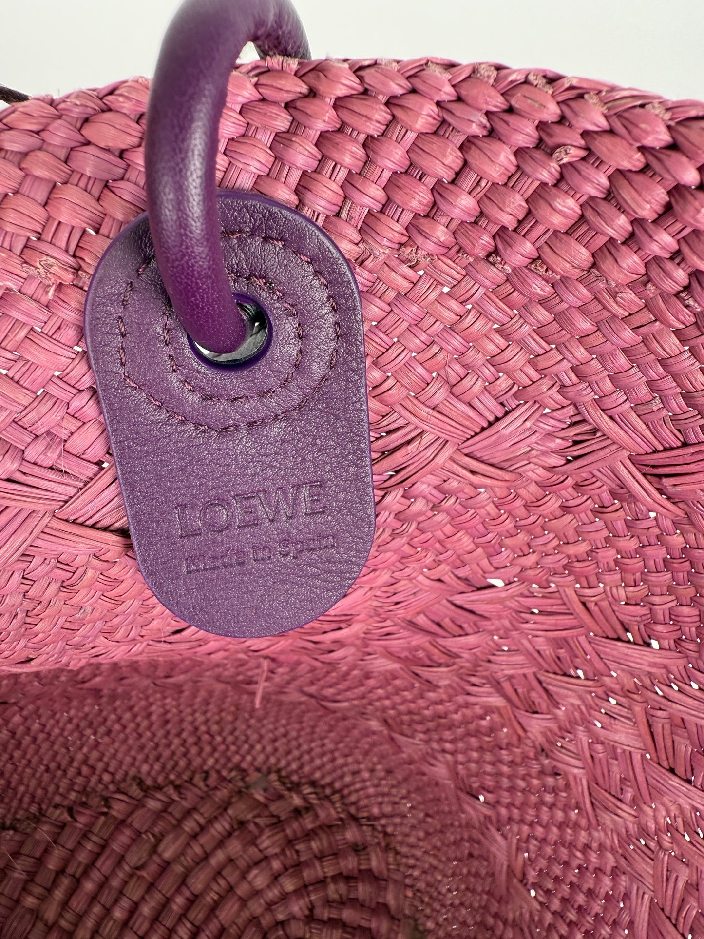 LOEWE Anagram Basket Medium Iraca Palm Leather Purple Pink Tote Bag