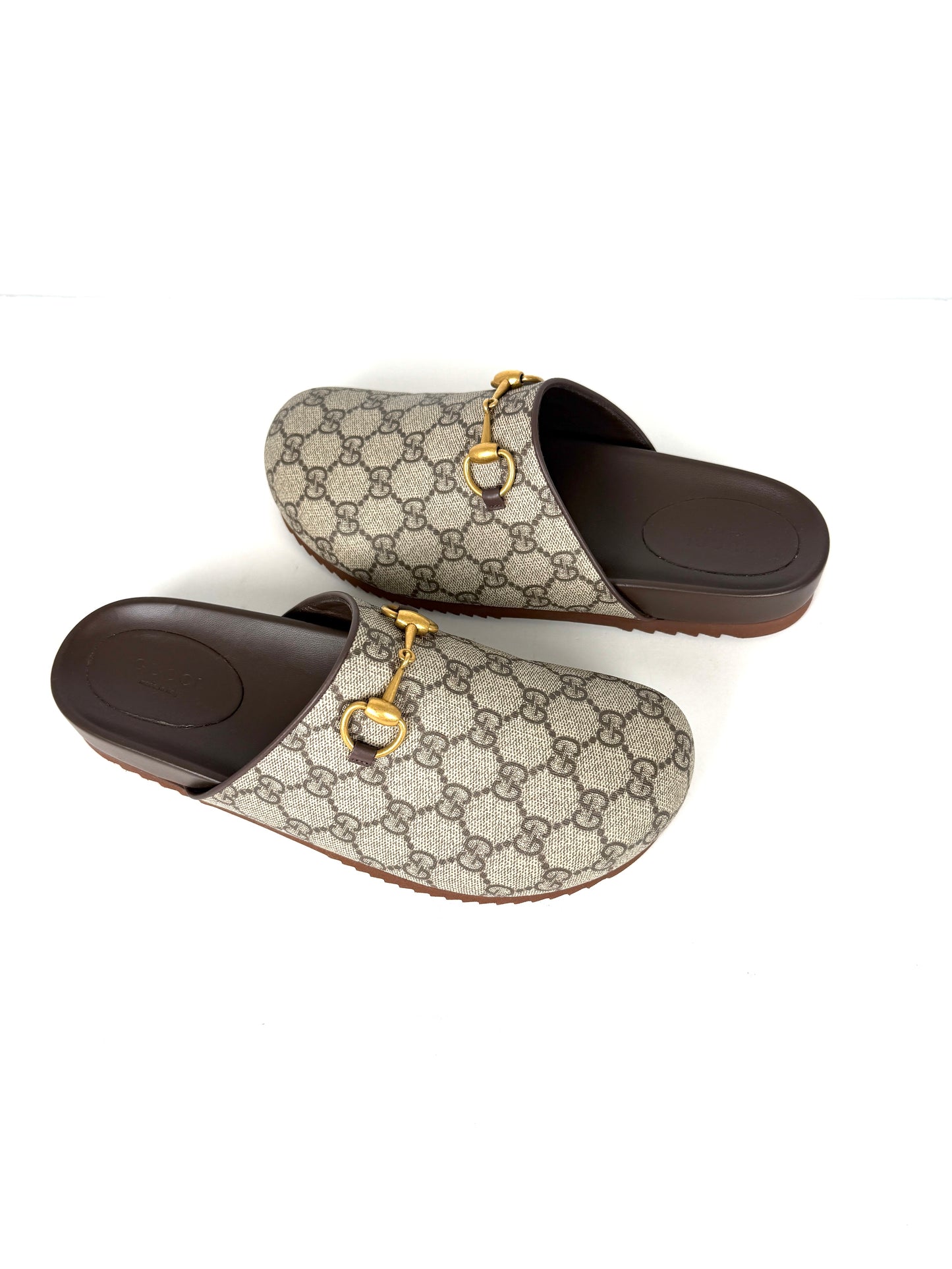 New GUCCI GG Supreme Monogram Horsebit Miro Brown Mules Slides Shoes  39.5, 9