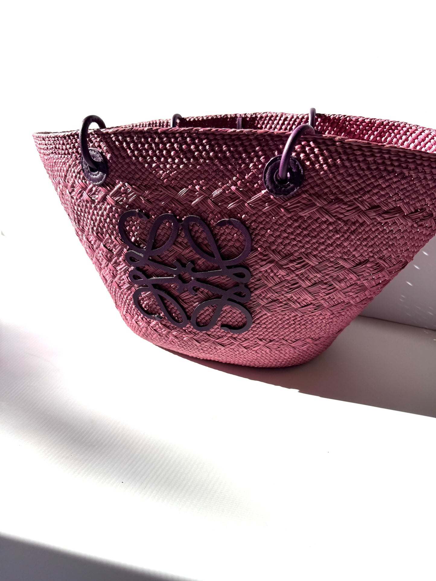 LOEWE Anagram Basket Medium Iraca Palm Leather Purple Pink Tote Bag