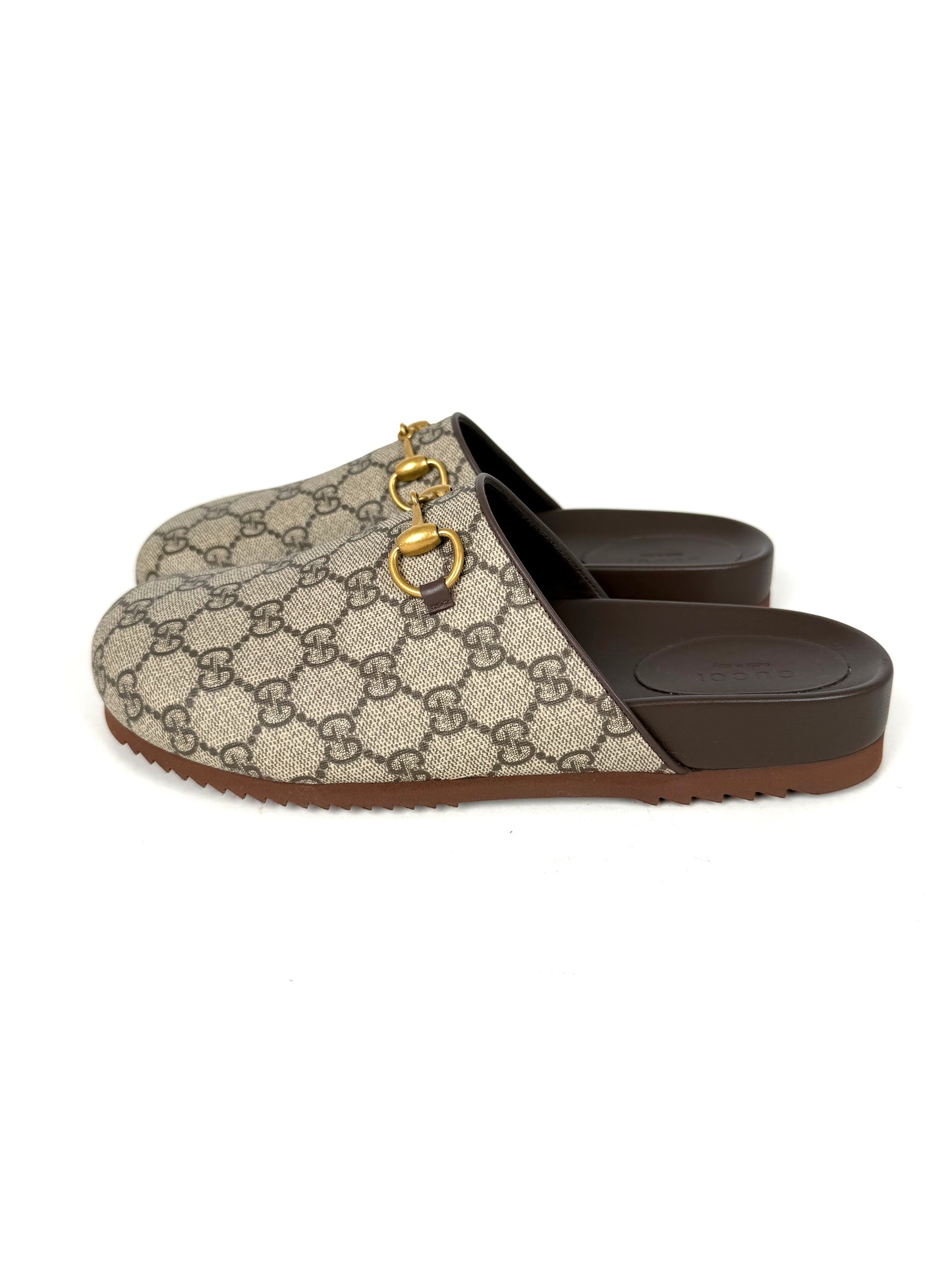 New GUCCI GG Supreme Monogram Horsebit Miro Brown Mules Slides Shoes  39.5, 9