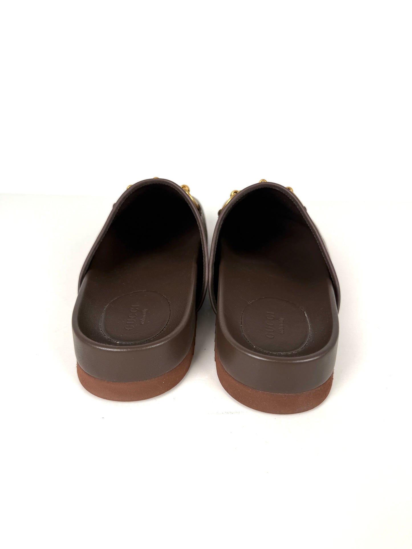 New GUCCI GG Supreme Monogram Horsebit Miro Brown Mules Slides Shoes  39.5, 9