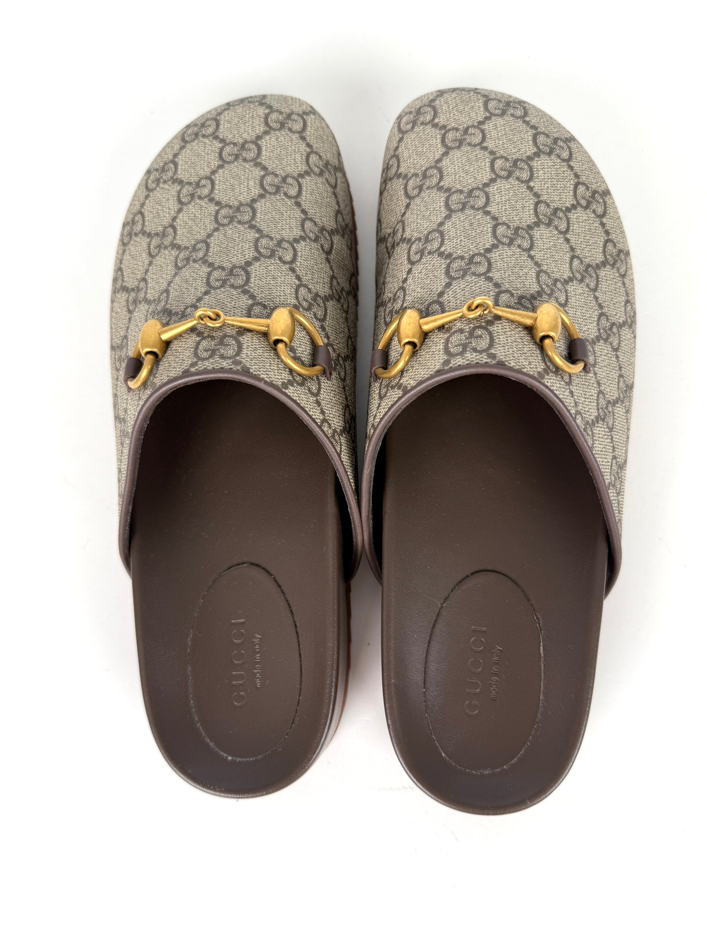 New GUCCI GG Supreme Monogram Horsebit Miro Brown Mules Slides Shoes  39.5, 9