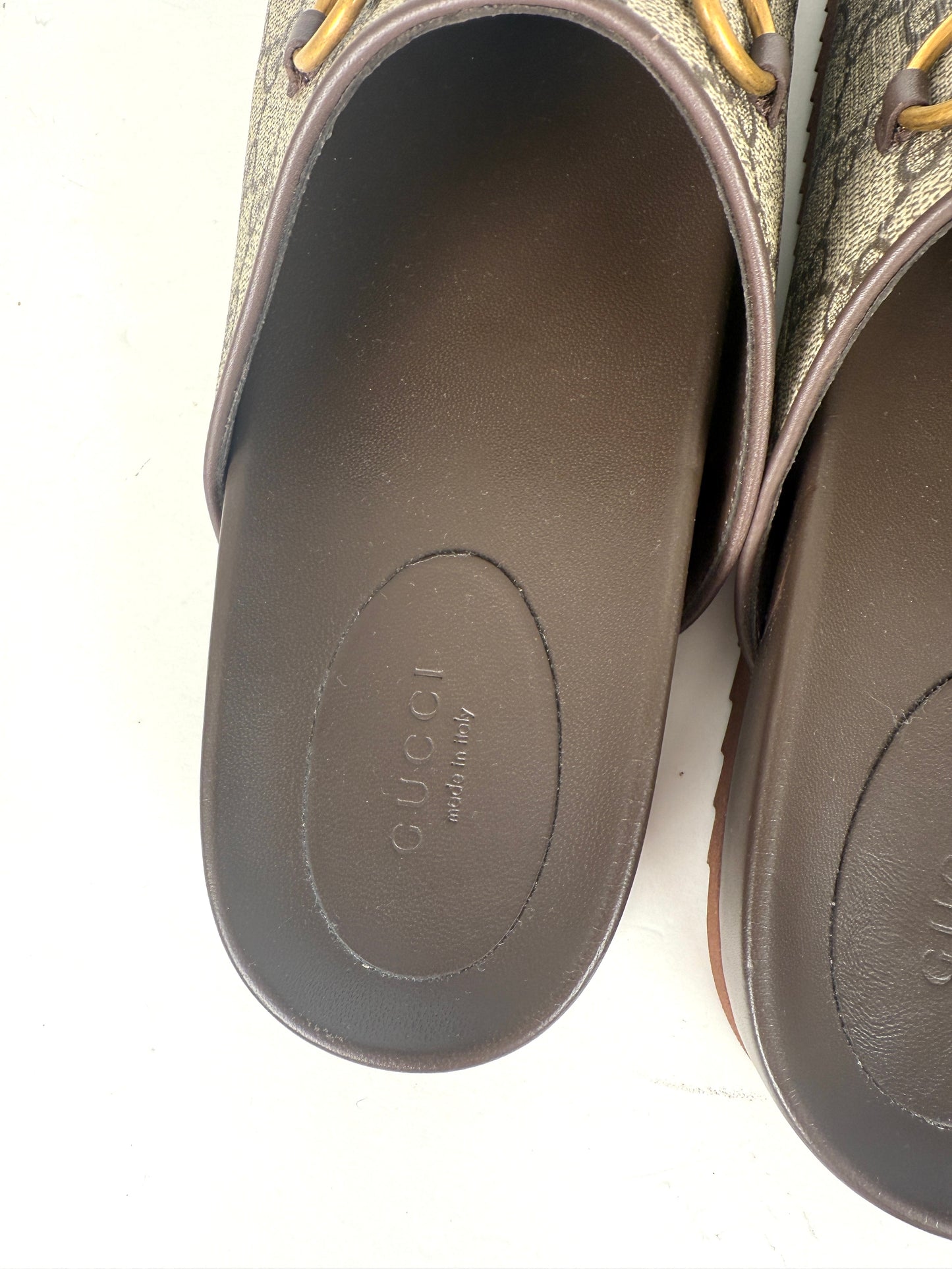New GUCCI GG Supreme Monogram Horsebit Miro Brown Mules Slides Shoes  39.5, 9