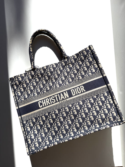 CHRISTIAN DIOR Oblique Jacquard Blue Ecru Large Book Tote Bag