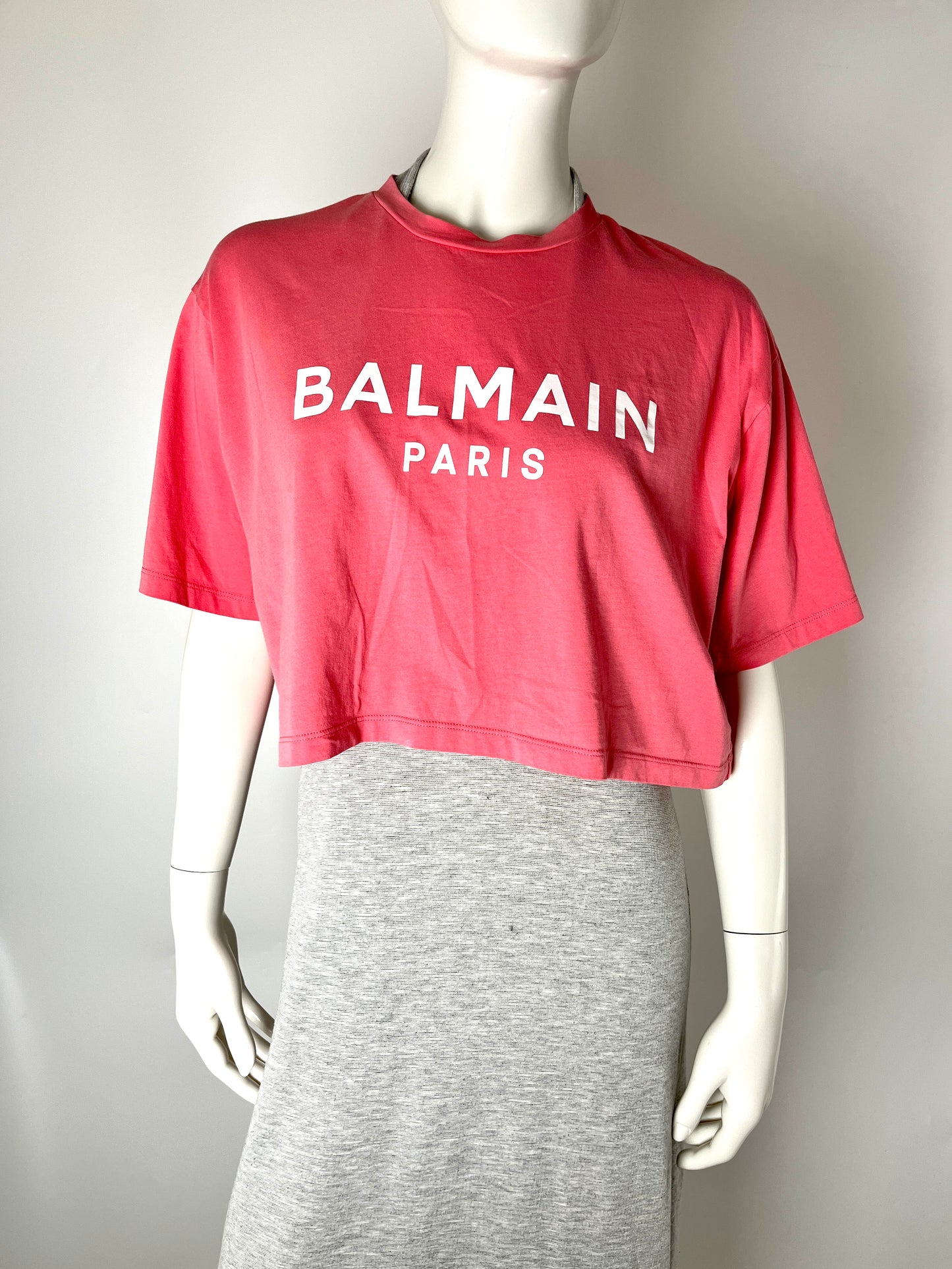 BALMAIN Paris Print Crew Neck Short Sleeve Pink Cotton Crop Top T Shirt S