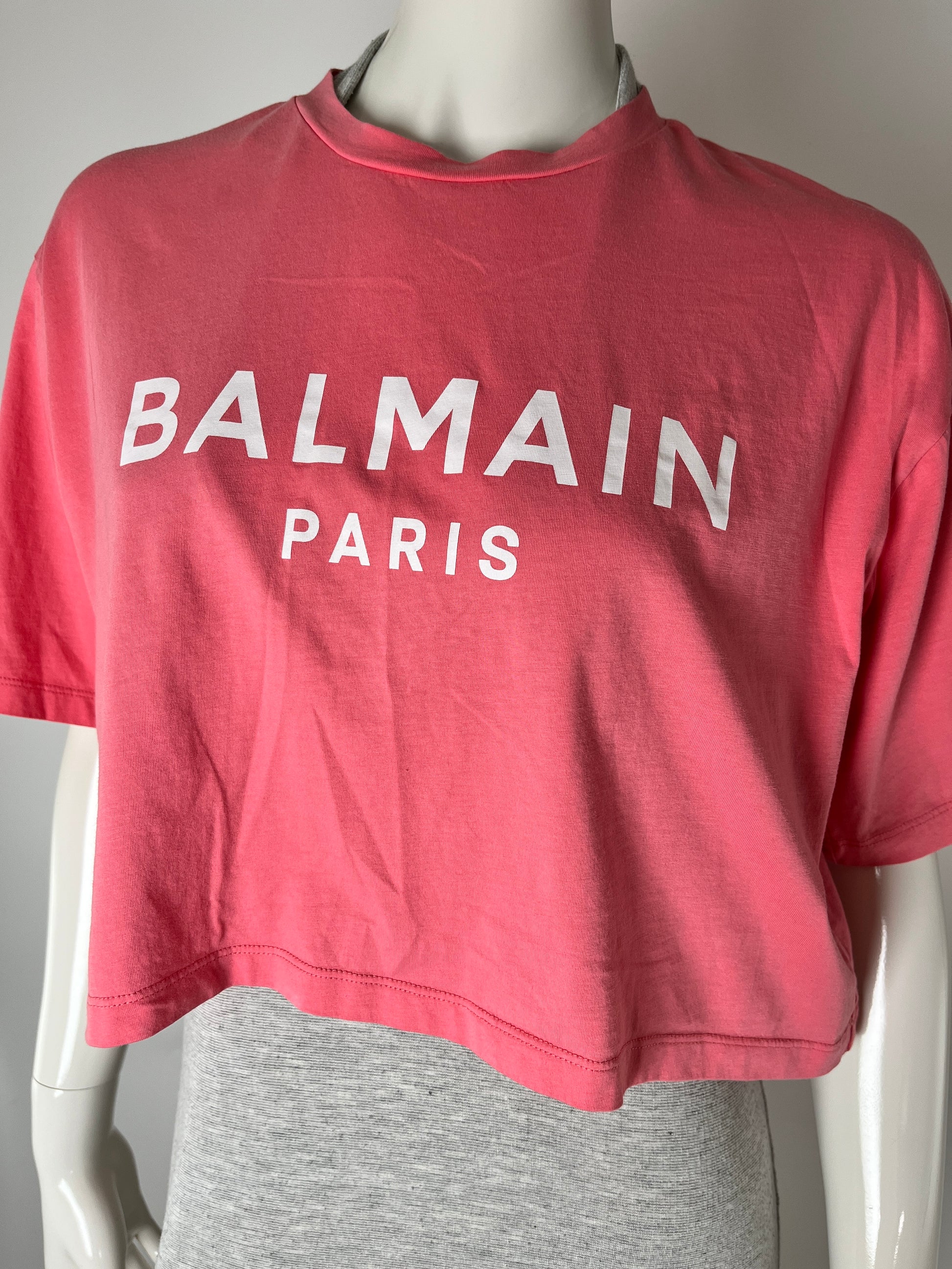 BALMAIN Paris Print Crew Neck Short Sleeve Pink Cotton Crop Top T Shirt S