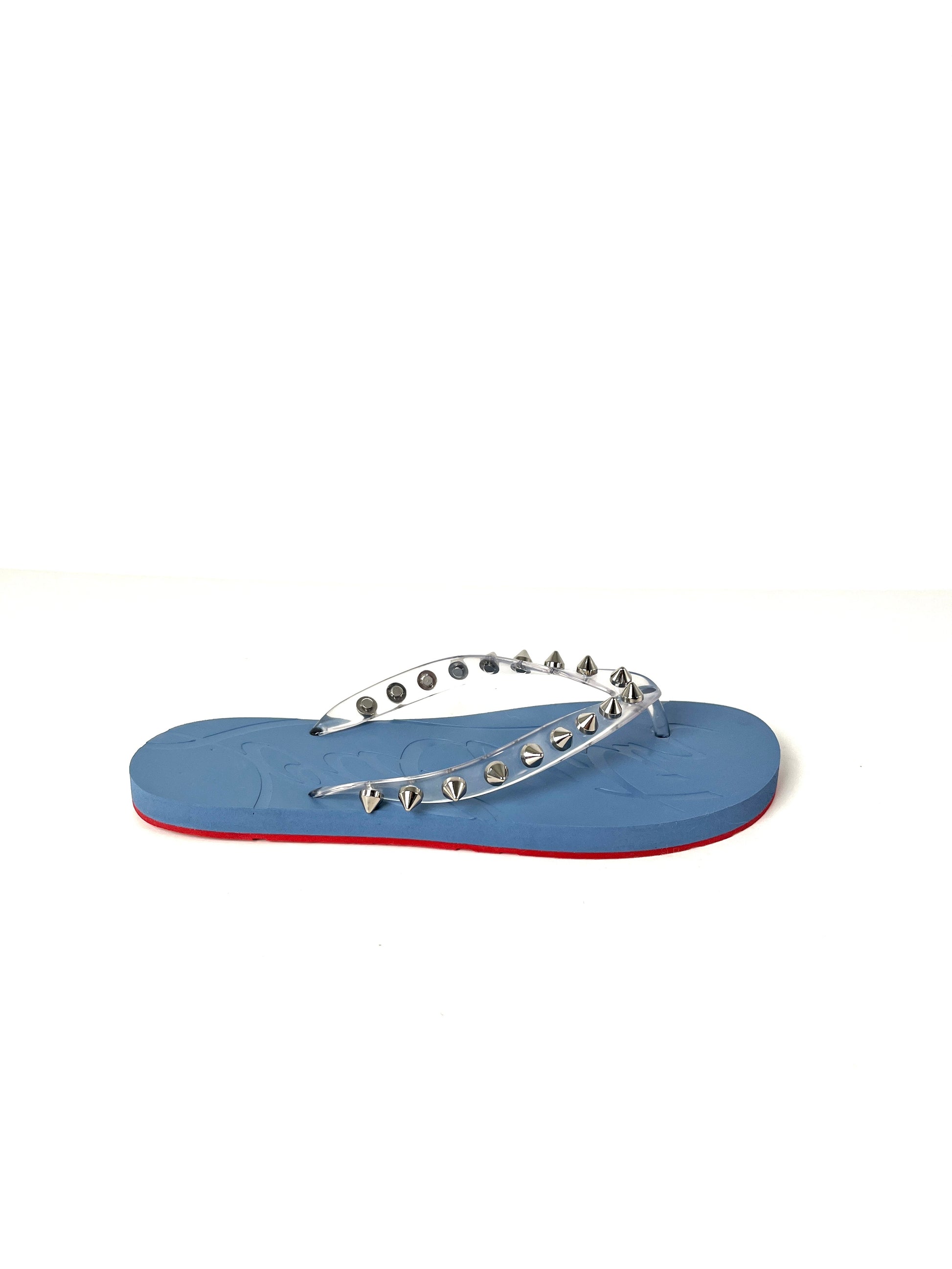 Christian Louboutin Loubi Donna Spike Studded Gray Blue Flip Flops Sandals 39 