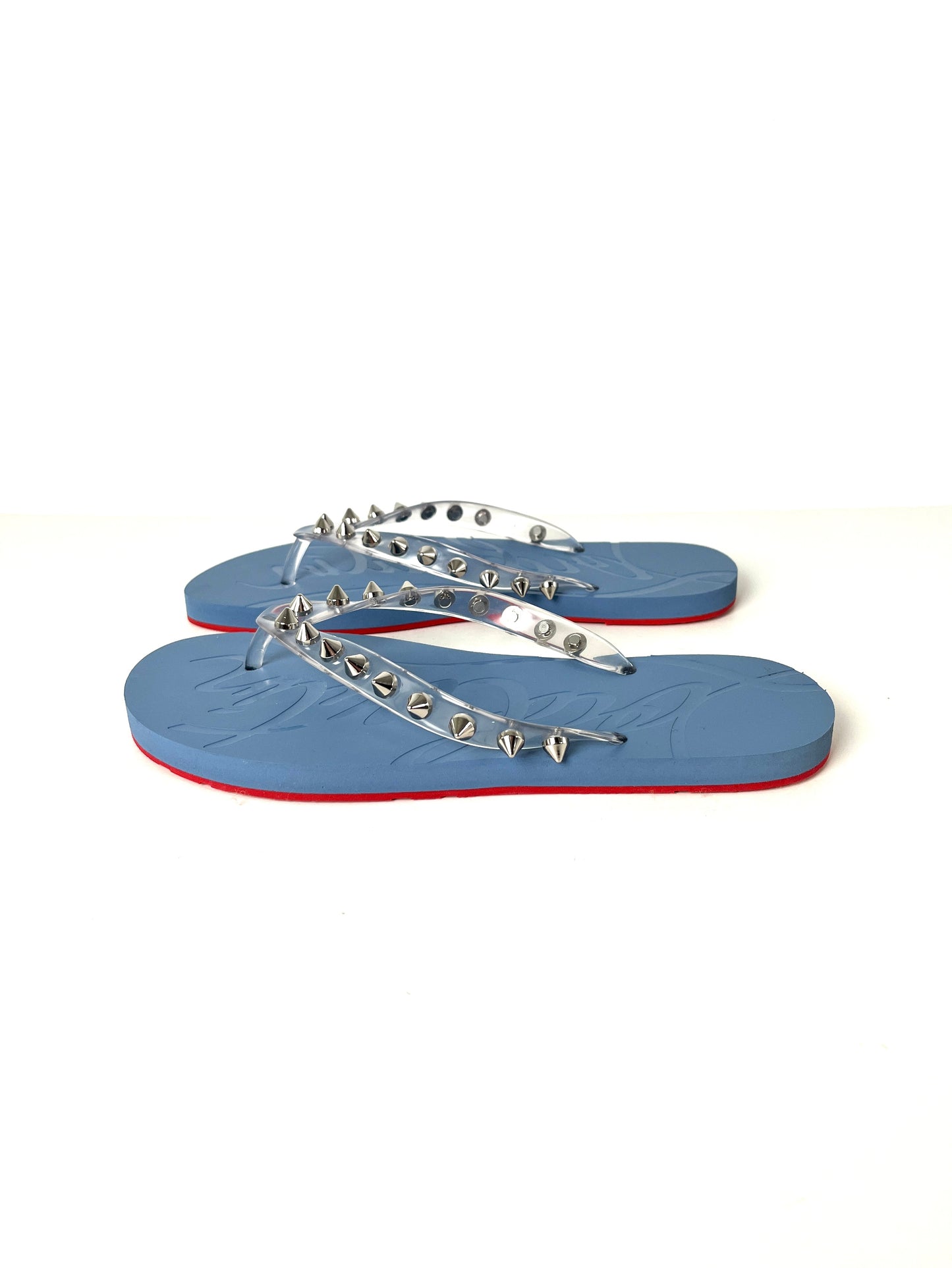 Christian Louboutin Loubi Donna Spike Studded Gray Blue Flip Flops Sandals 39 