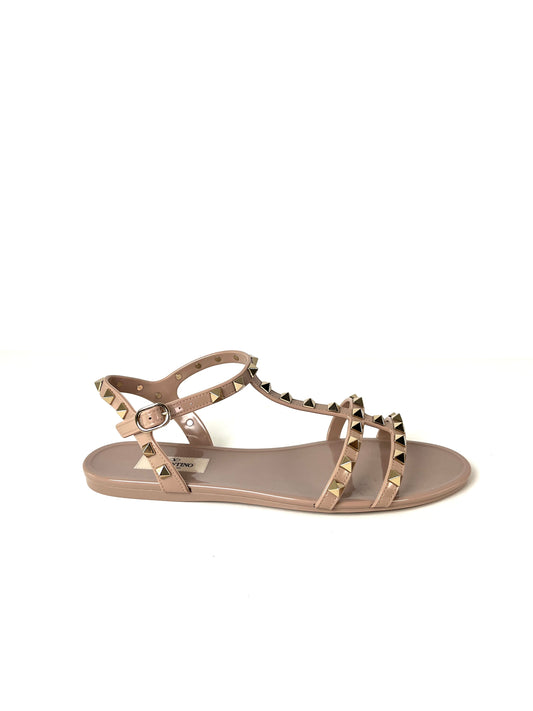 New Valentino Rockstud Poudre Beige Studded Rubber Flat Sandals 39 8.5