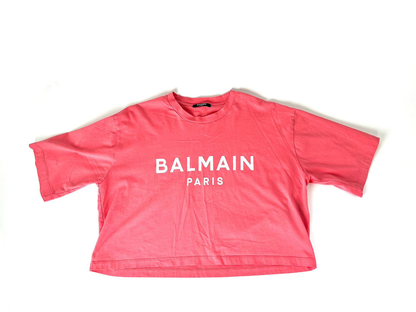 BALMAIN Paris Print Crew Neck Short Sleeve Pink Cotton Crop Top T Shirt S