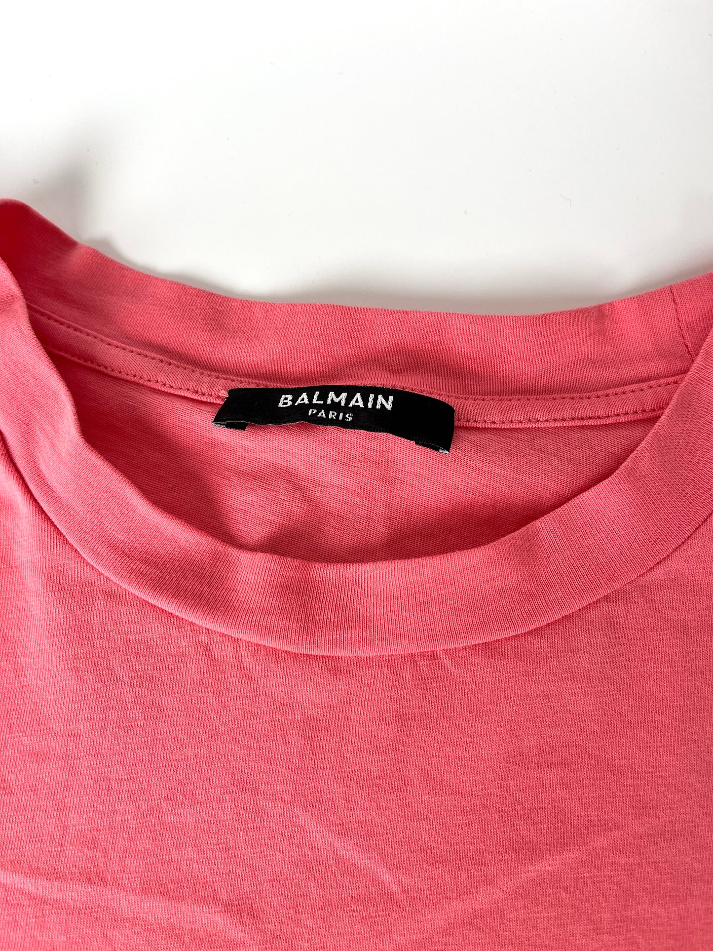 BALMAIN Paris Print Crew Neck Short Sleeve Pink Cotton Crop Top T Shirt S