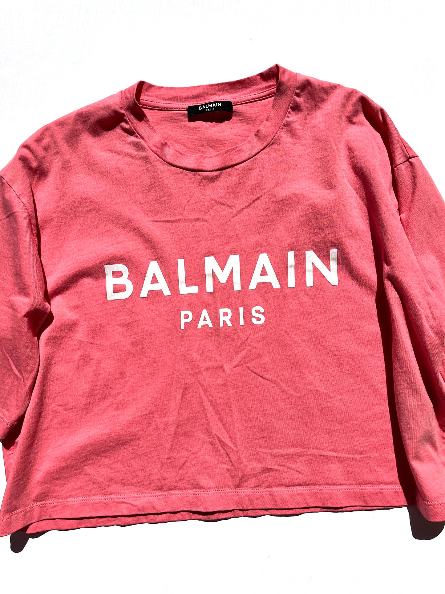 BALMAIN Paris Print Crew Neck Short Sleeve Pink Cotton Crop Top T Shirt S