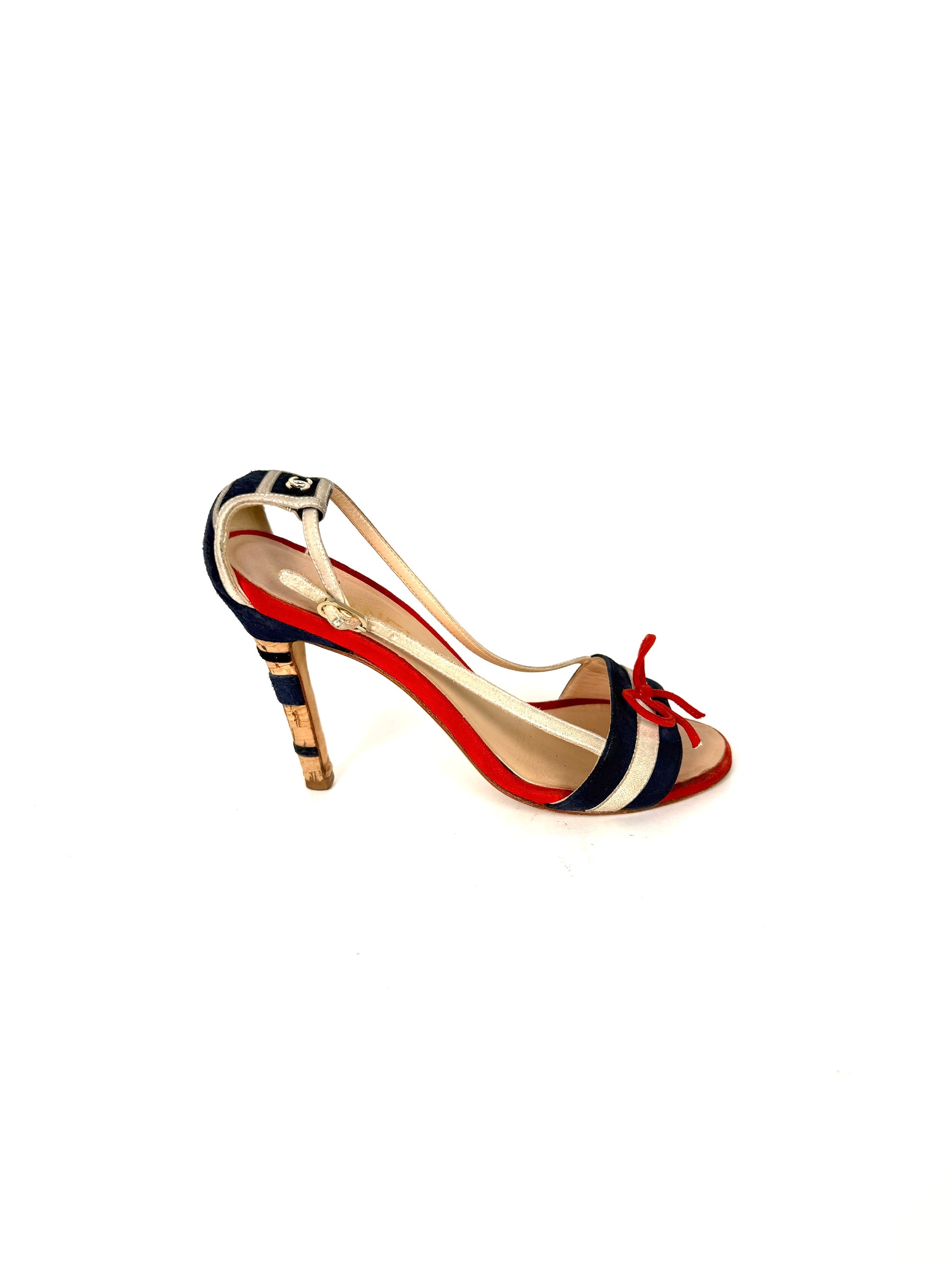 CHANEL Red Blue White Suede Bow CC Cork Heel Sandals Heels 37 6.5