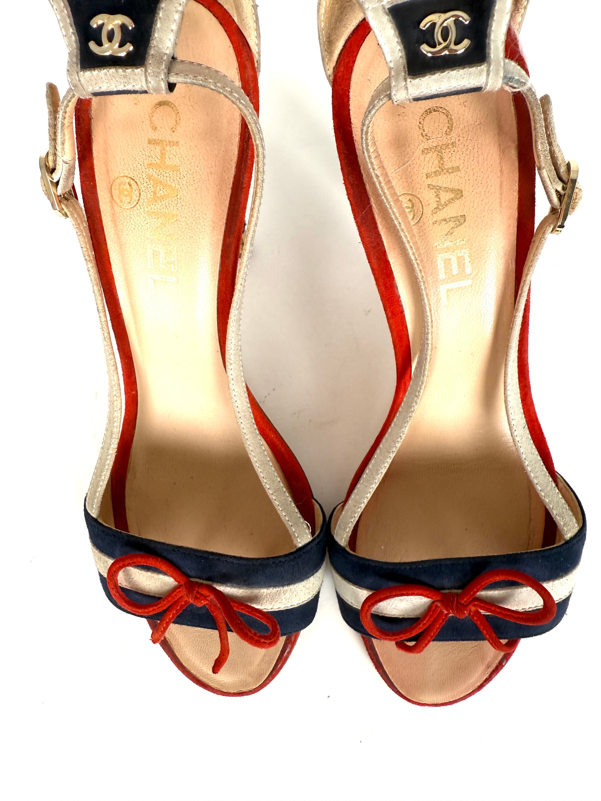 CHANEL Red Blue White Suede Bow CC Cork Heel Sandals Heels 37 6.5