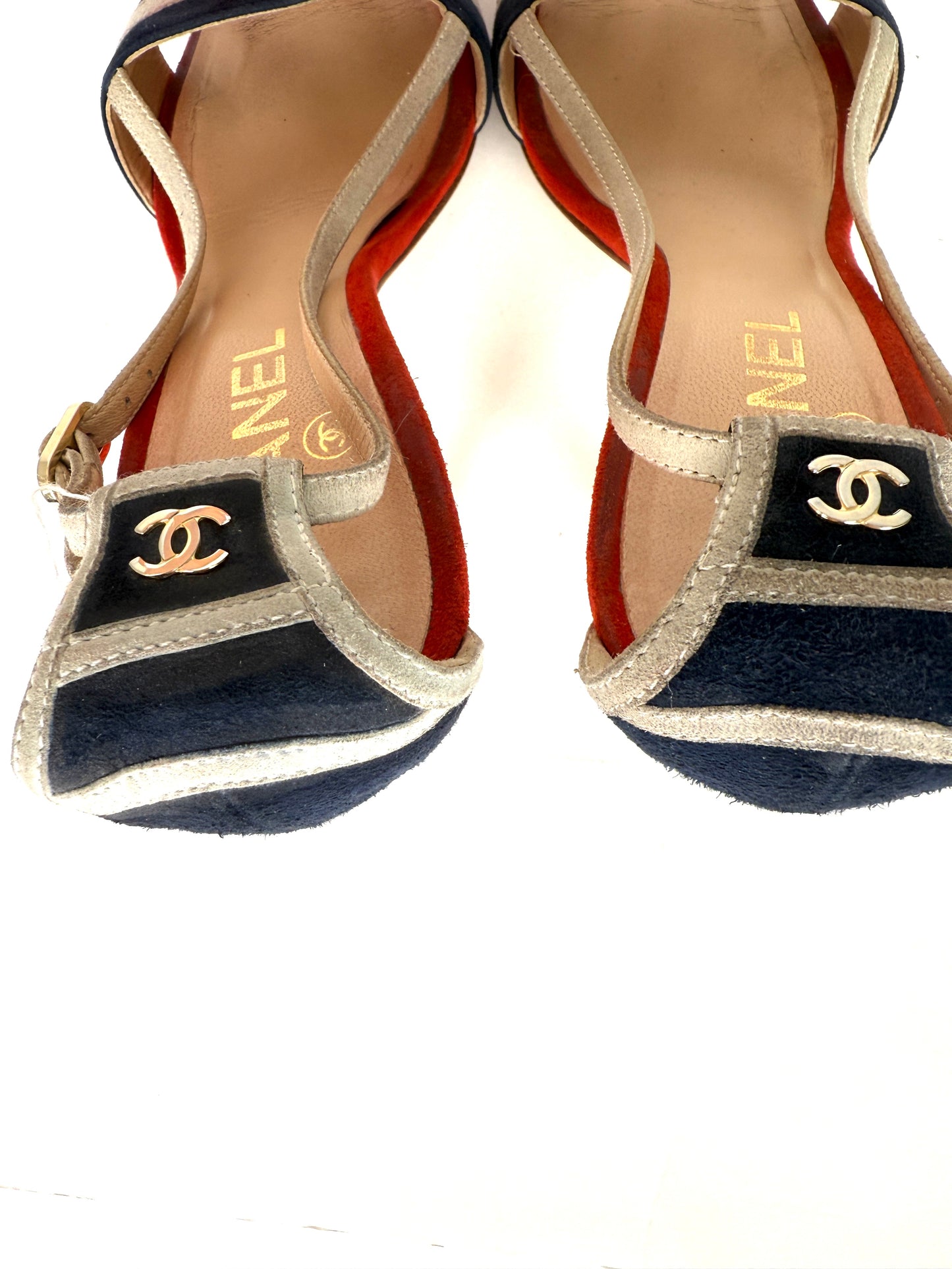 CHANEL Red Blue White Suede Bow CC Cork Heel Sandals Heels 37 6.5
