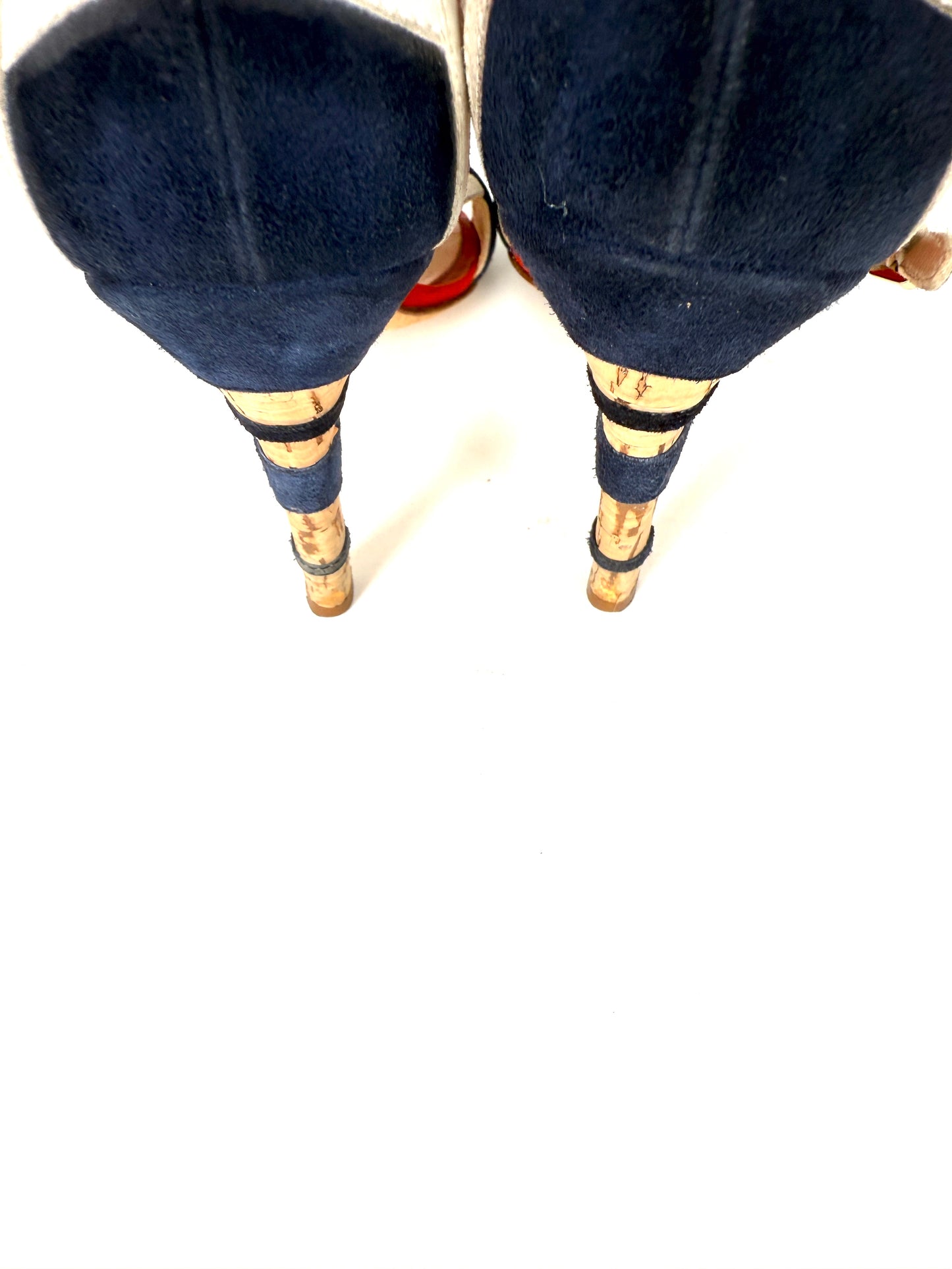 CHANEL Red Blue White Suede Bow CC Cork Heel Sandals Heels 37 6.5