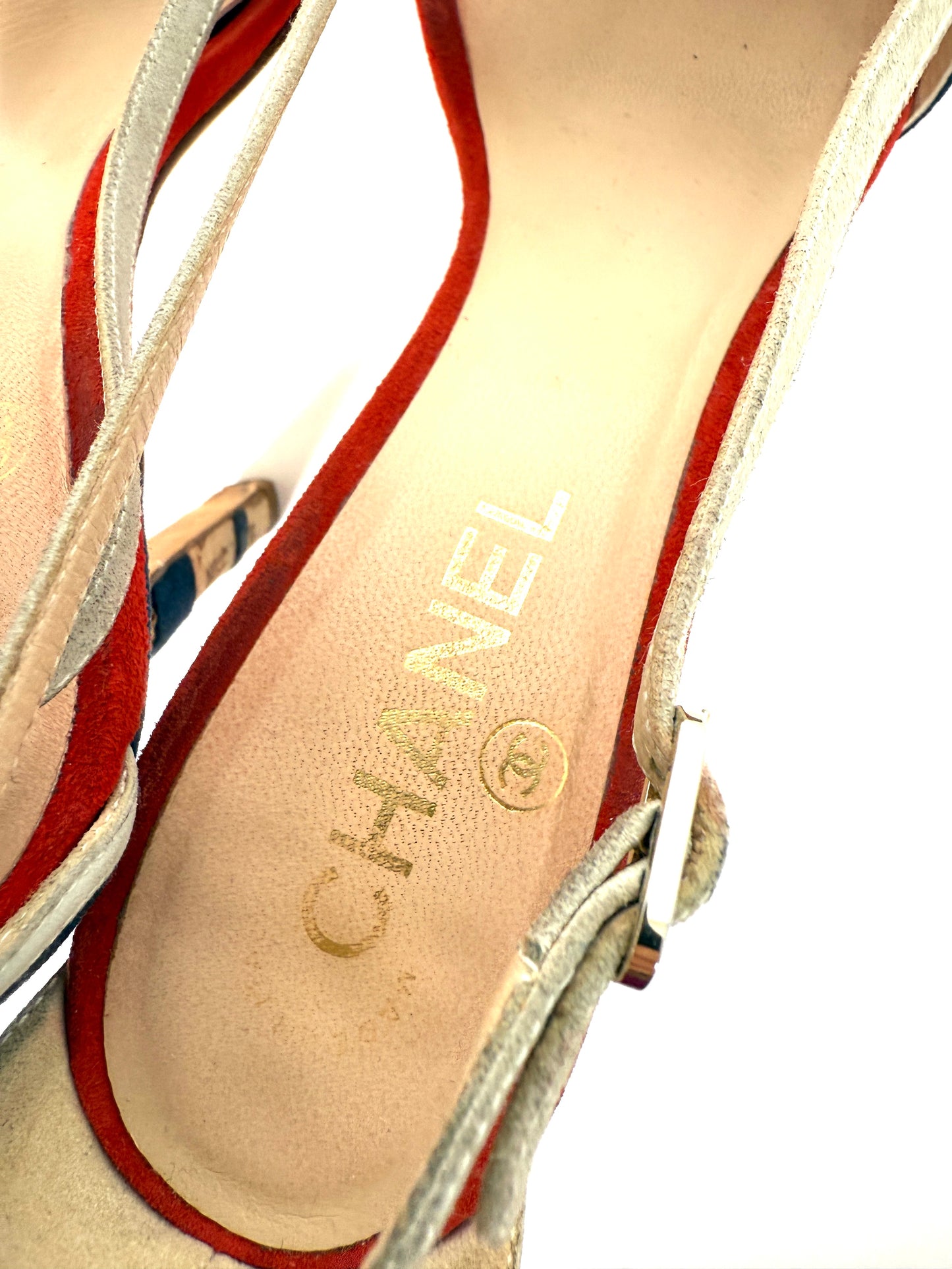 CHANEL Red Blue White Suede Bow CC Cork Heel Sandals Heels 37 6.5