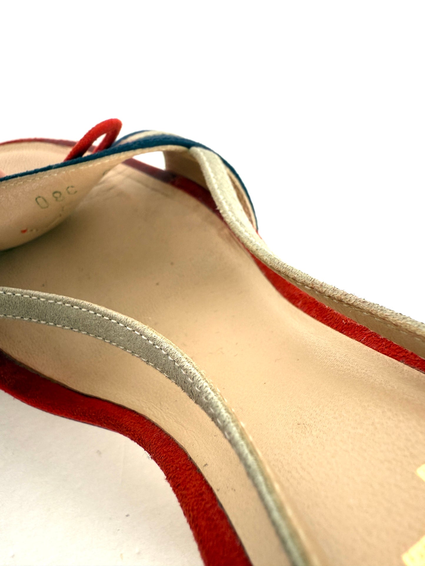 CHANEL Red Blue White Suede Bow CC Cork Heel Sandals Heels 37 6.5