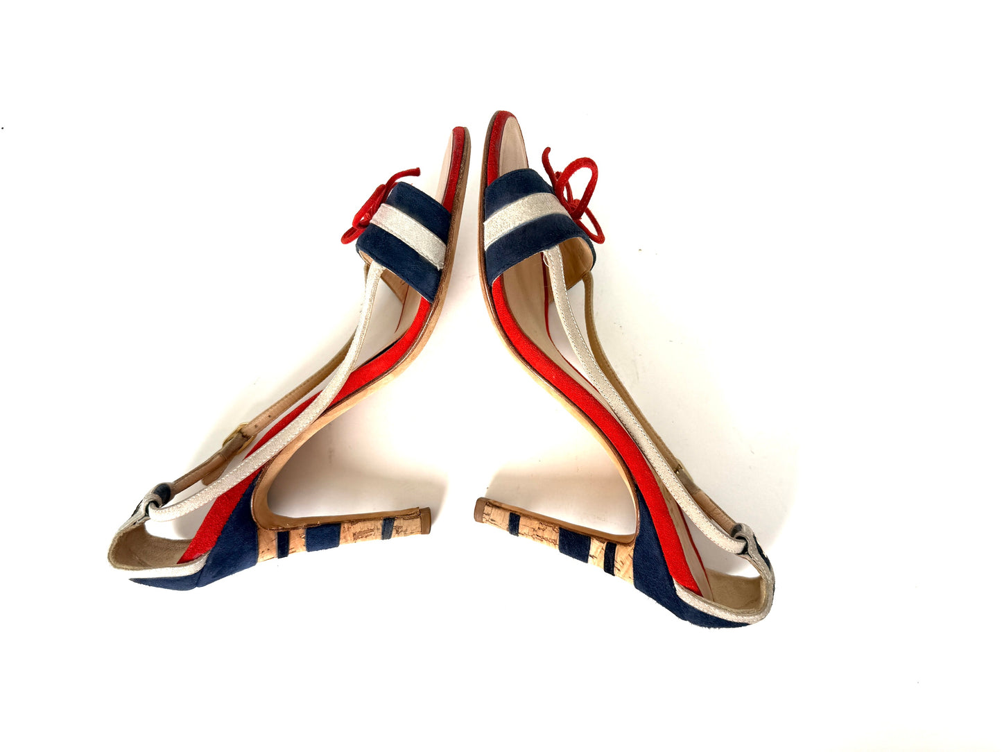 CHANEL Red Blue White Suede Bow CC Cork Heel Sandals Heels 37 6.5