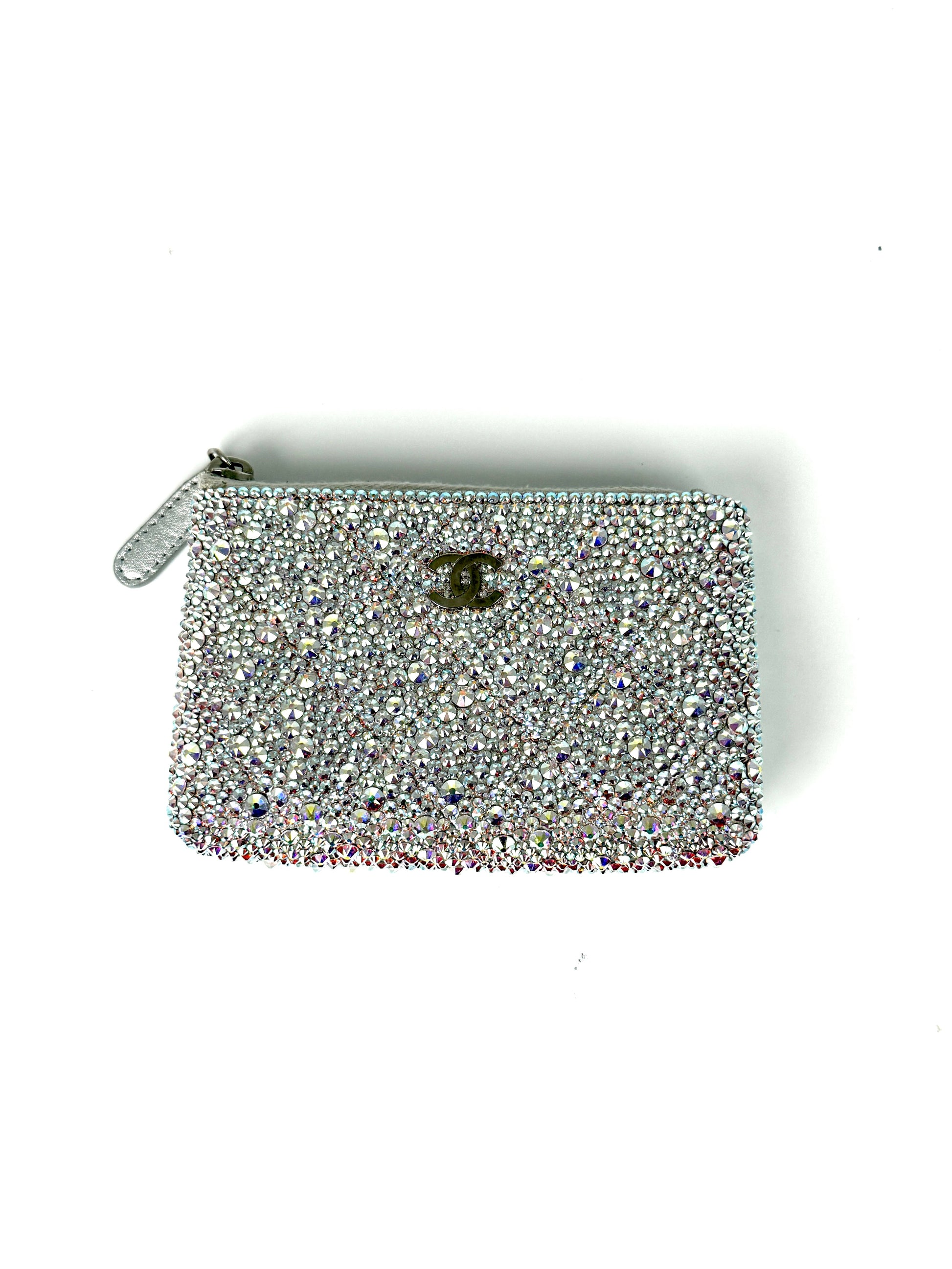 CHANEL Silver Swarovski Crystal Leather Key Pouch Case Holder 