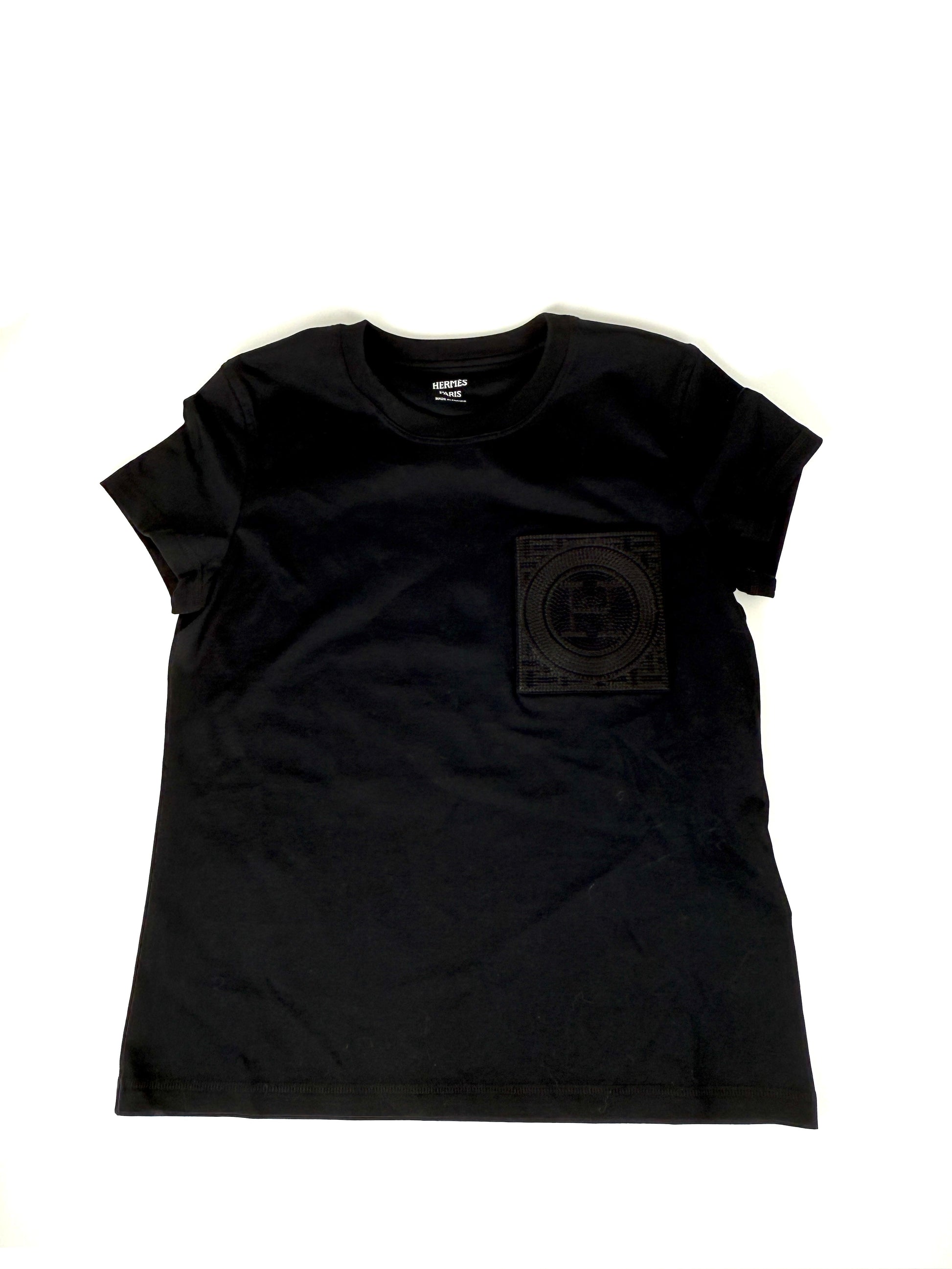 New Hermes Embroidered Pocket Black Cotton Crew Neck T shirt Top 34, 2