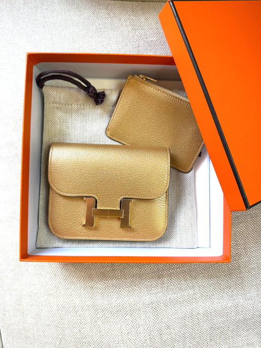 New HERMES Constance Slim Compact Dore Gold Chamkilight Goatskin Wallet Belt Bag