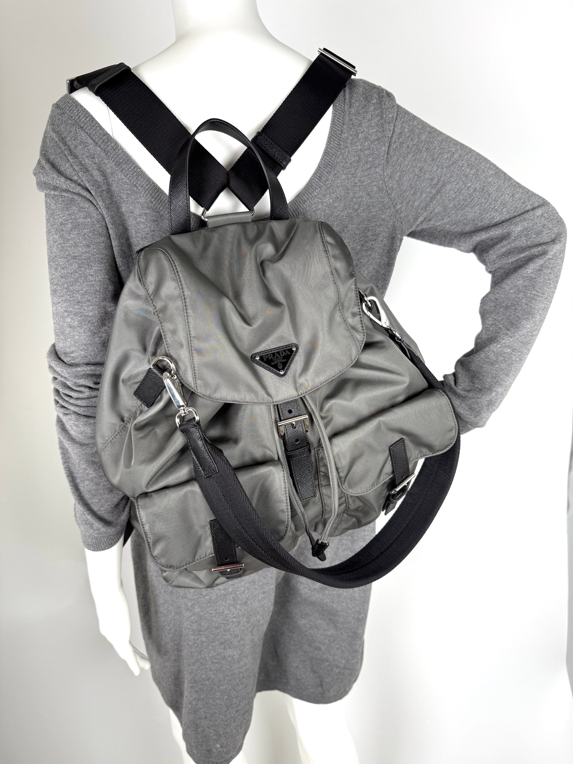 Prada Gray Re-Nylon Zaino in Tessuto 2025 Backpack with Shoulder Strap
