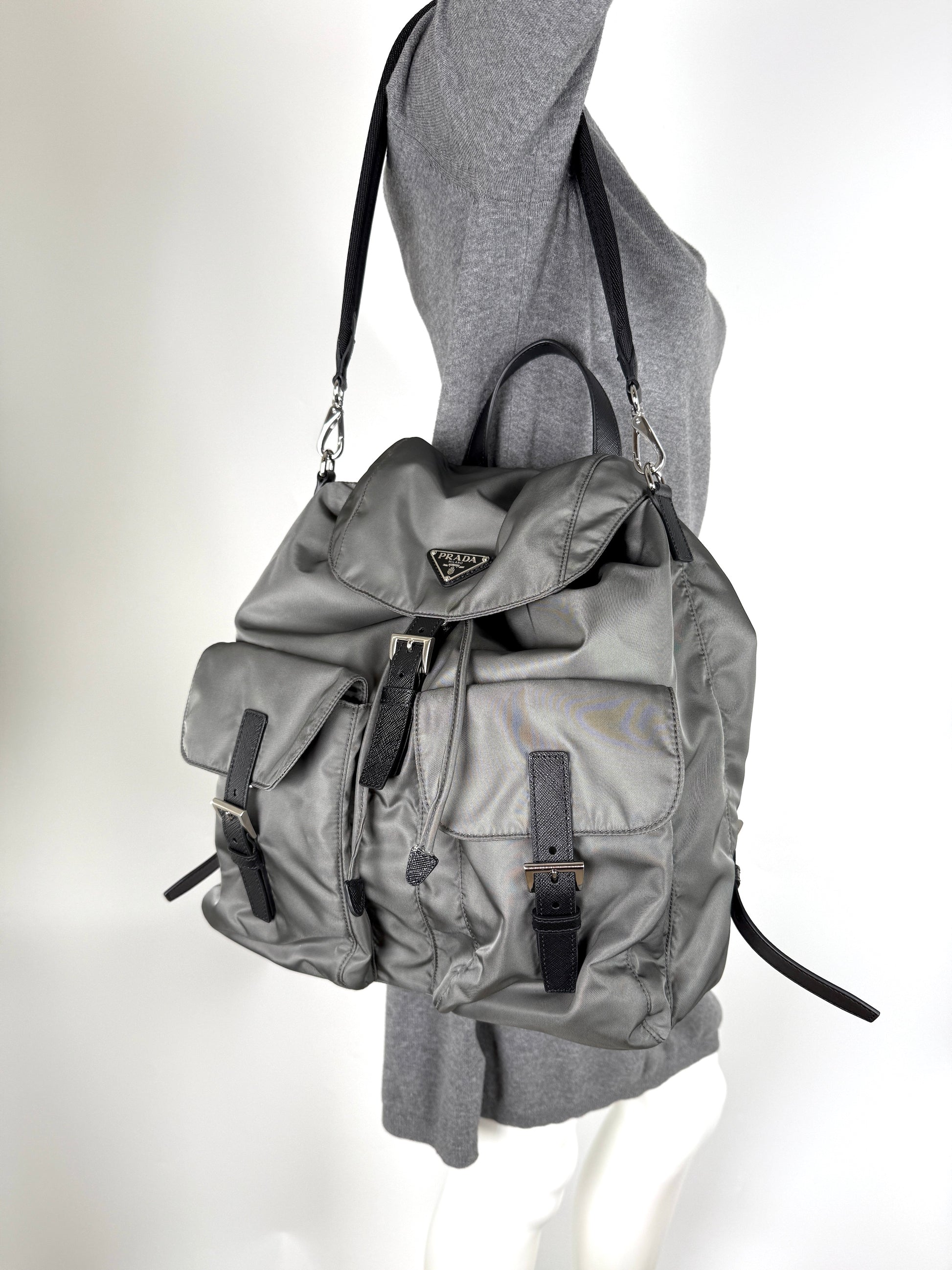 Prada Gray Re-Nylon Zaino in Tessuto 2025 Backpack with Shoulder Strap