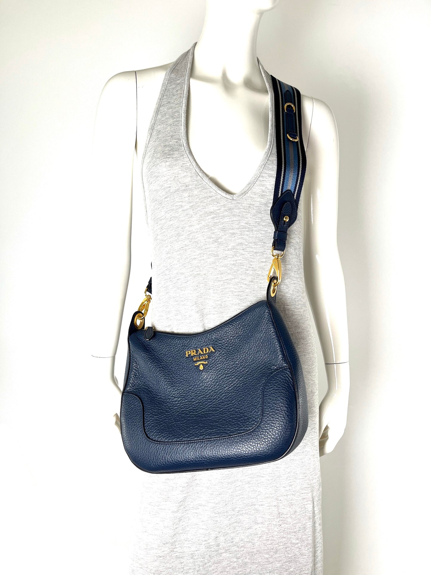 Prada Vitello Phenix Navy Blue Leather Messenger Crossbody Bag