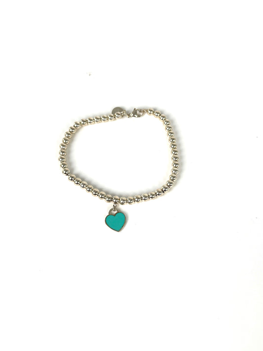Tiffany & Co Blue Heart Tag Bead Please Return to Chain Heart Tag Charm 4 mm Silver Bracelet 6.5