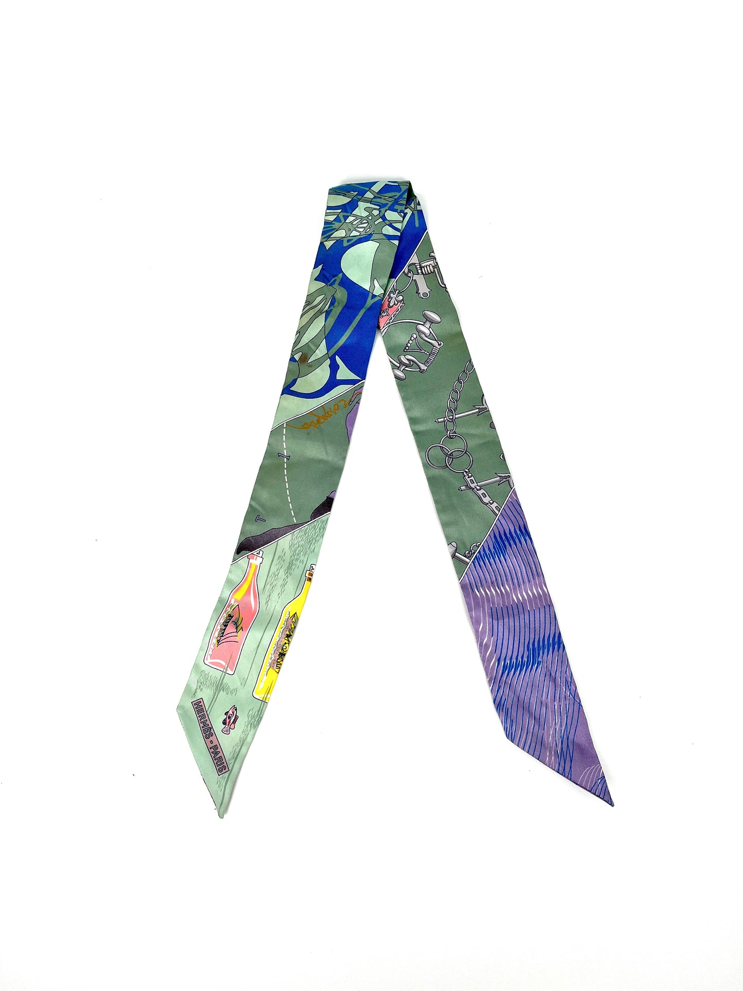 Hermes Caleche Mors et Bouteilles Bottle Print Green Blue Purple Silk Twilly Scarf