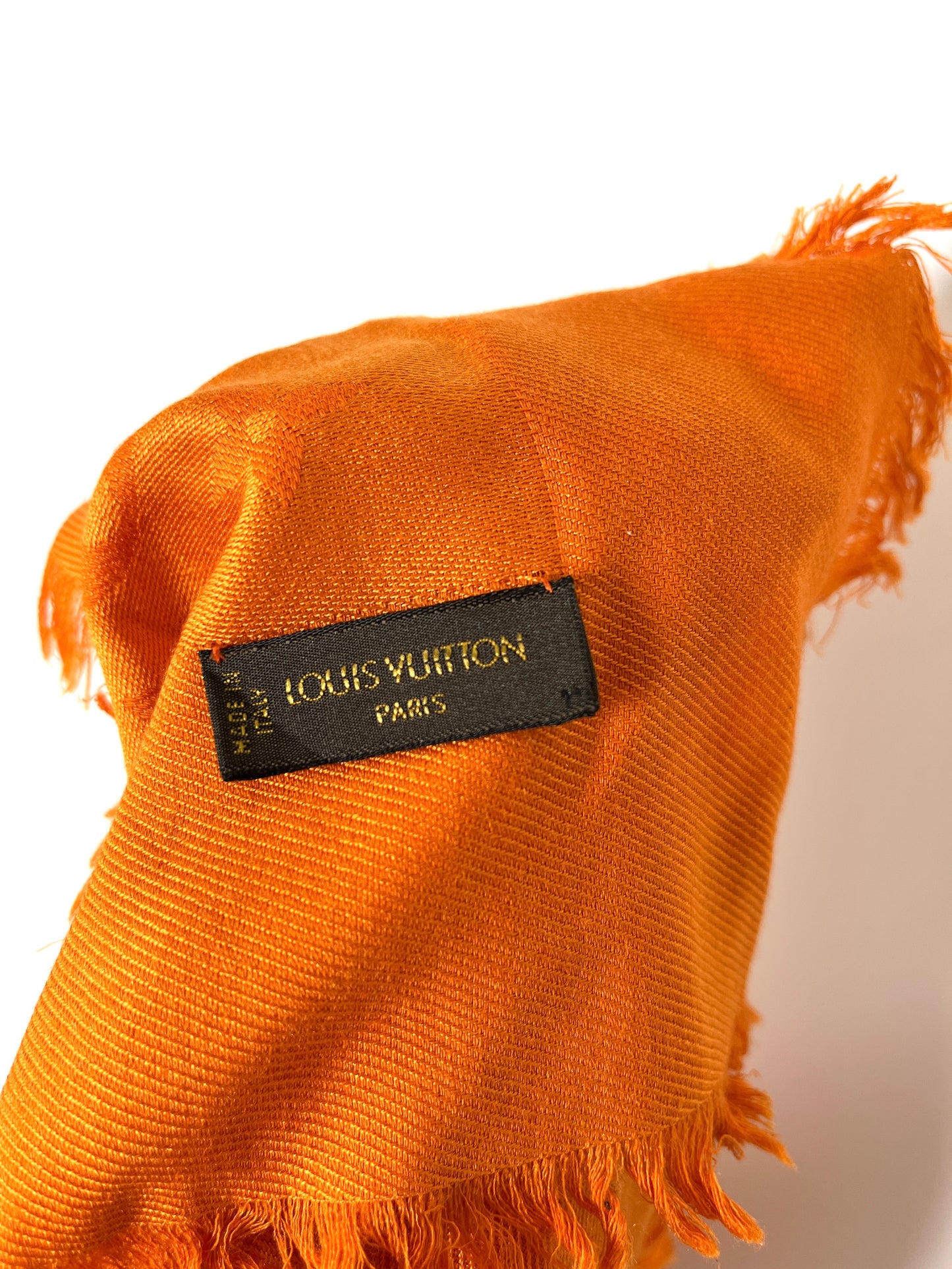 Louis Vuitton Classic Monogram Silk Fringe Orange Square Shawl Scarf