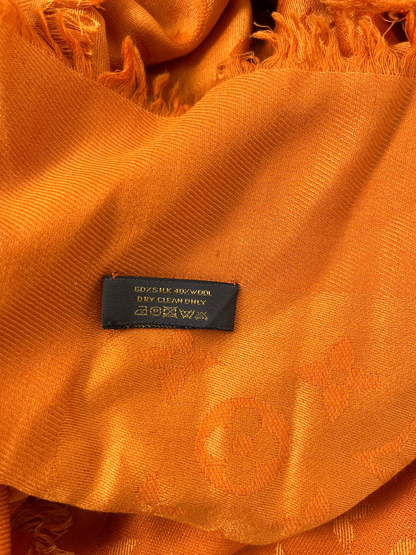 Louis Vuitton Classic Monogram Silk Fringe Orange Square Shawl Scarf
