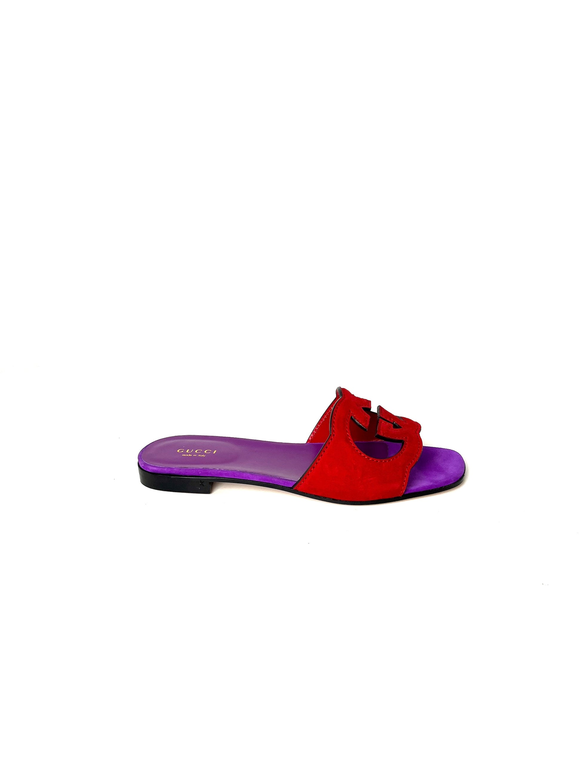 GUCCI Kid Scamosciato Interlocking G Cut Out Slide Sandals Red Purple 37.5 7.5