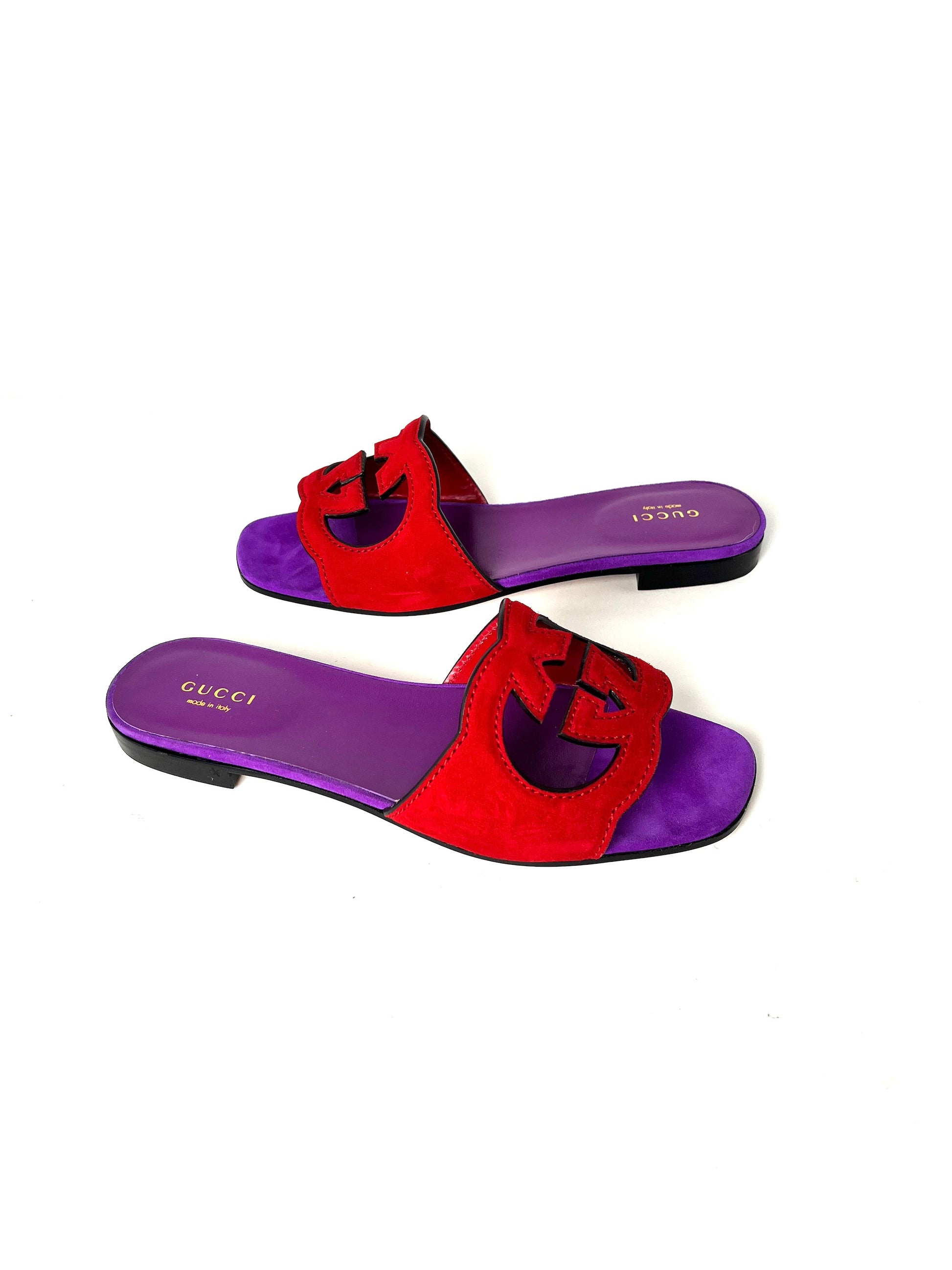 GUCCI Kid Scamosciato Interlocking G Cut Out Slide Sandals Red Purple 37.5 7.5