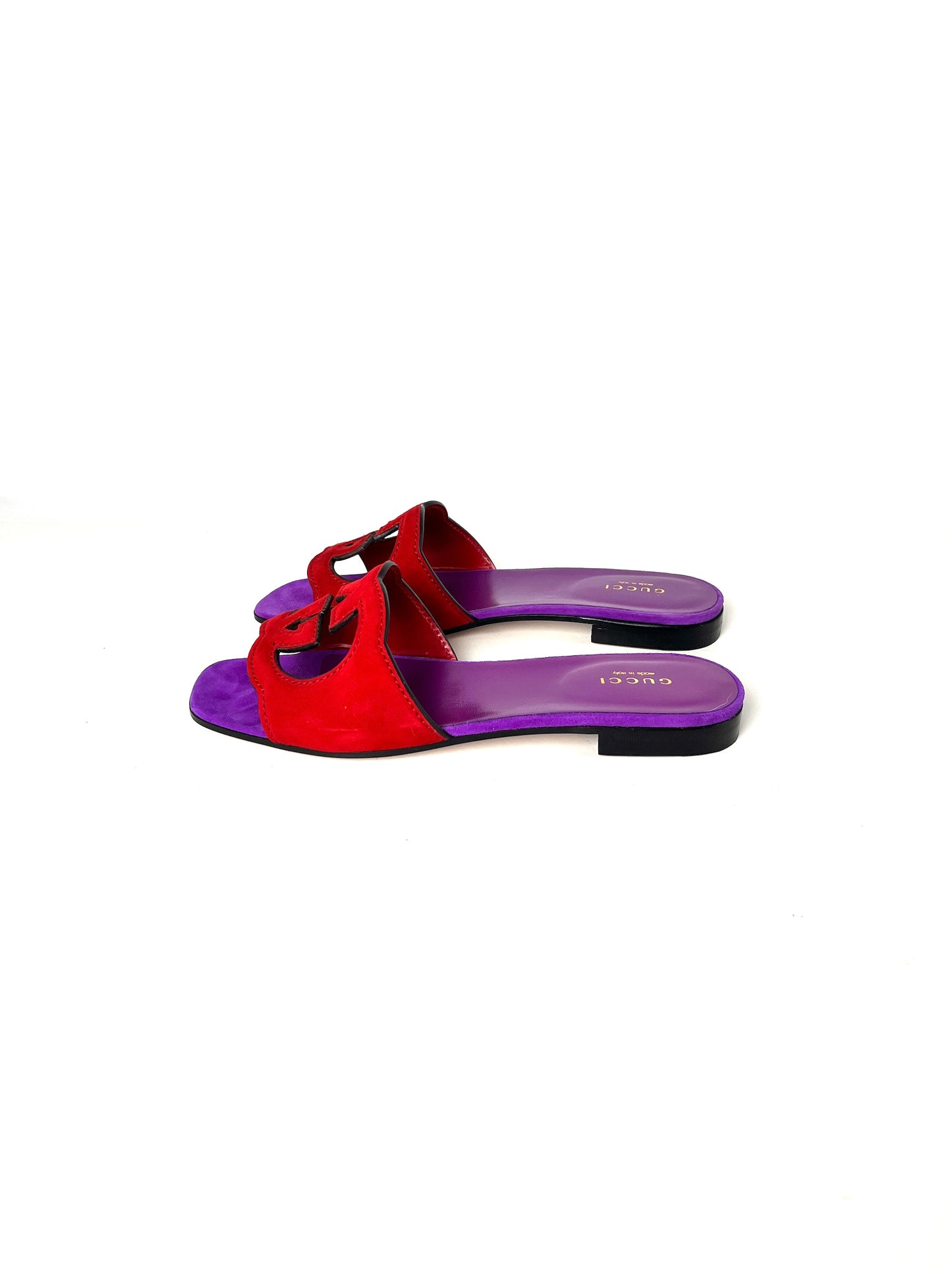 GUCCI Kid Scamosciato Interlocking G Cut Out Slide Sandals Red Purple 37.5 7.5