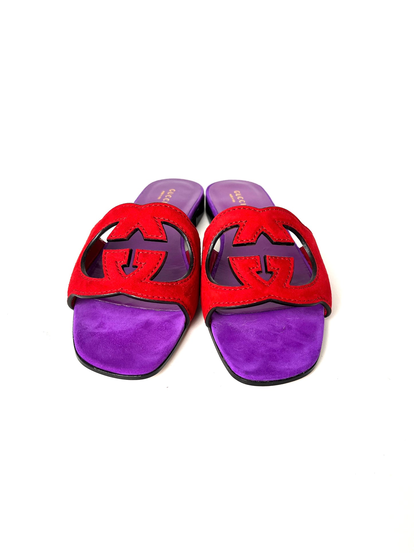 GUCCI Kid Scamosciato Interlocking G Cut Out Slide Sandals Red Purple 37.5 7.5