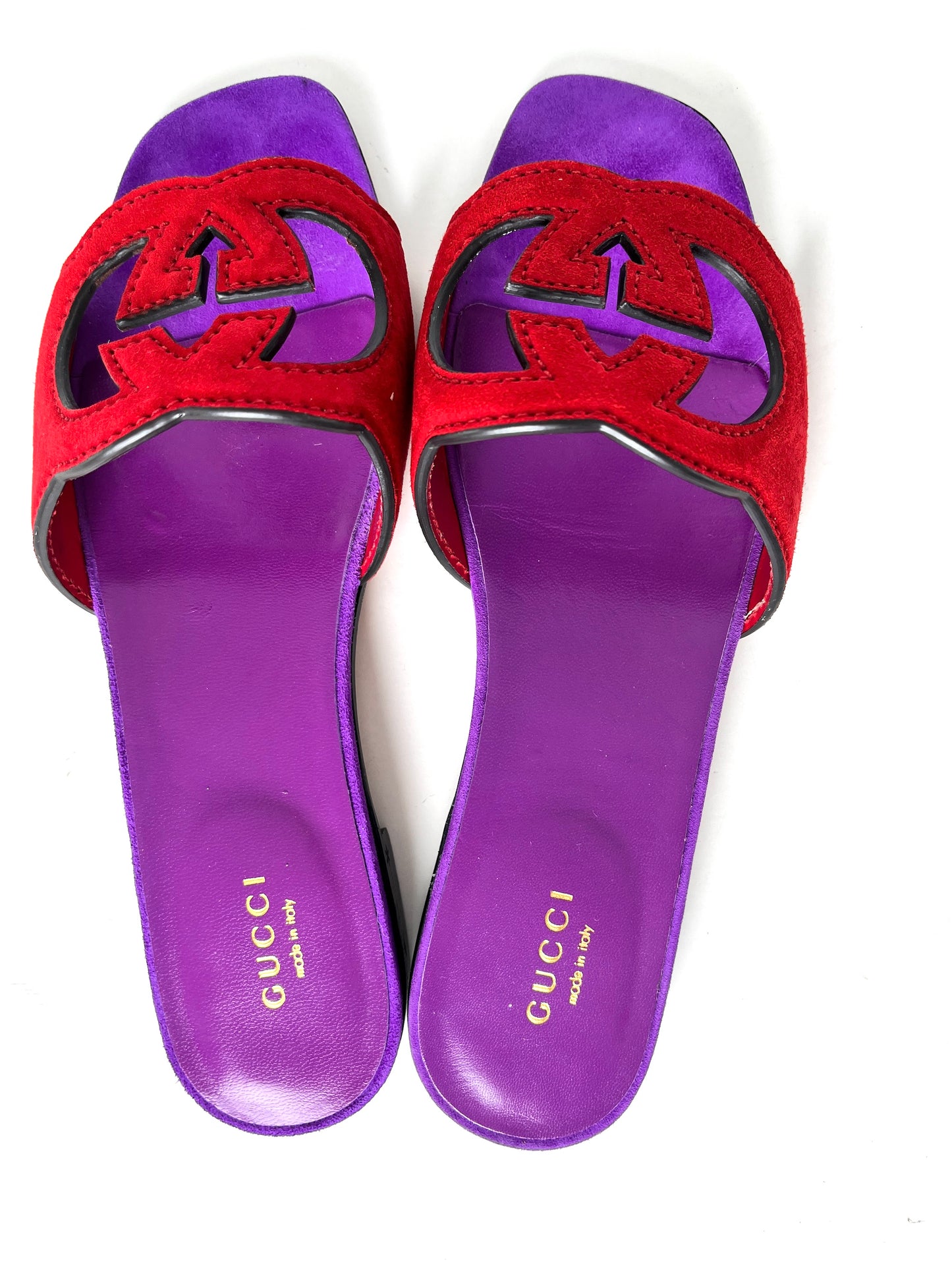 GUCCI Kid Scamosciato Interlocking G Cut Out Slide Sandals Red Purple 37.5 7.5