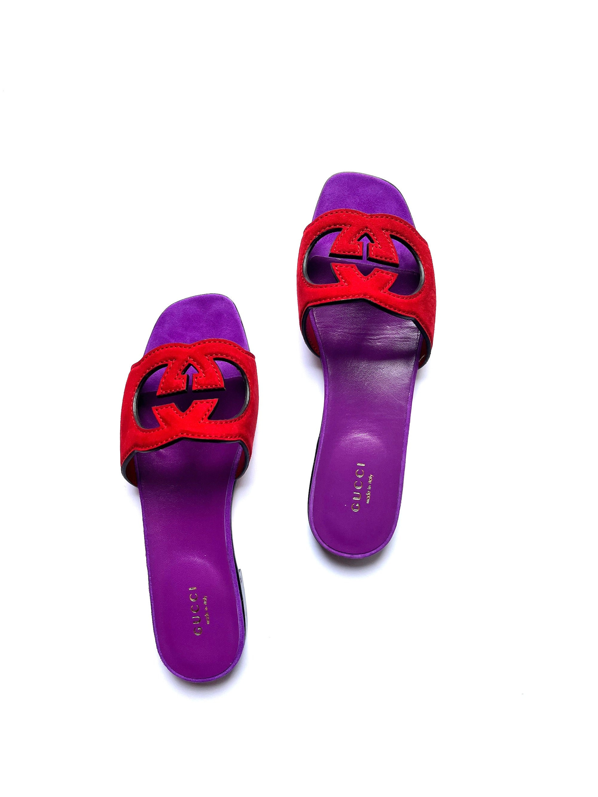 GUCCI Kid Scamosciato Interlocking G Cut Out Slide Sandals Red Purple Fashion Reloved