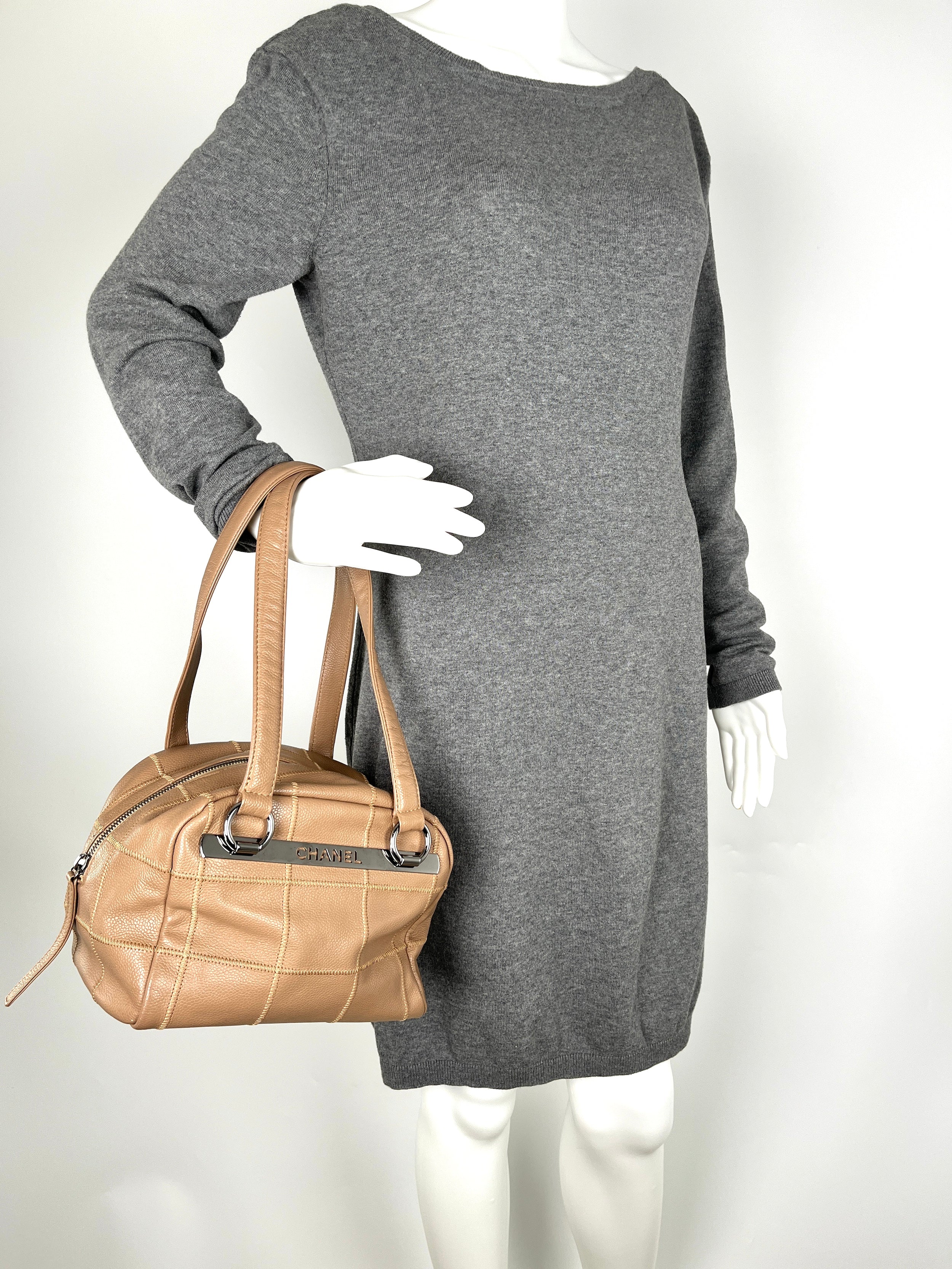 Vintage CHANEL LAX Square Quilt Bowler Dark Beige Leather Bag