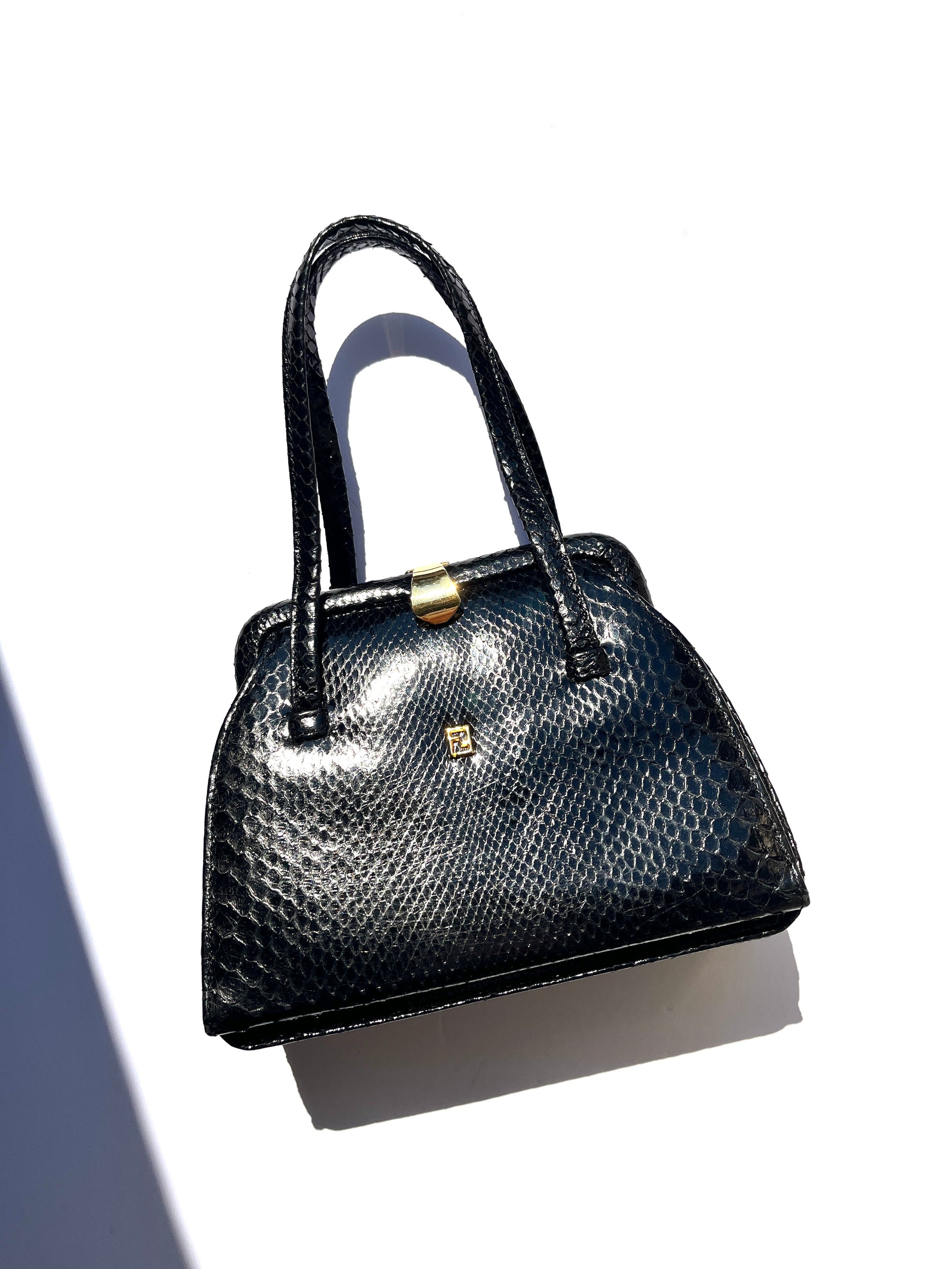 Vintage FENDI Snakeskin Black Mini Top Handle Satchel Bag 