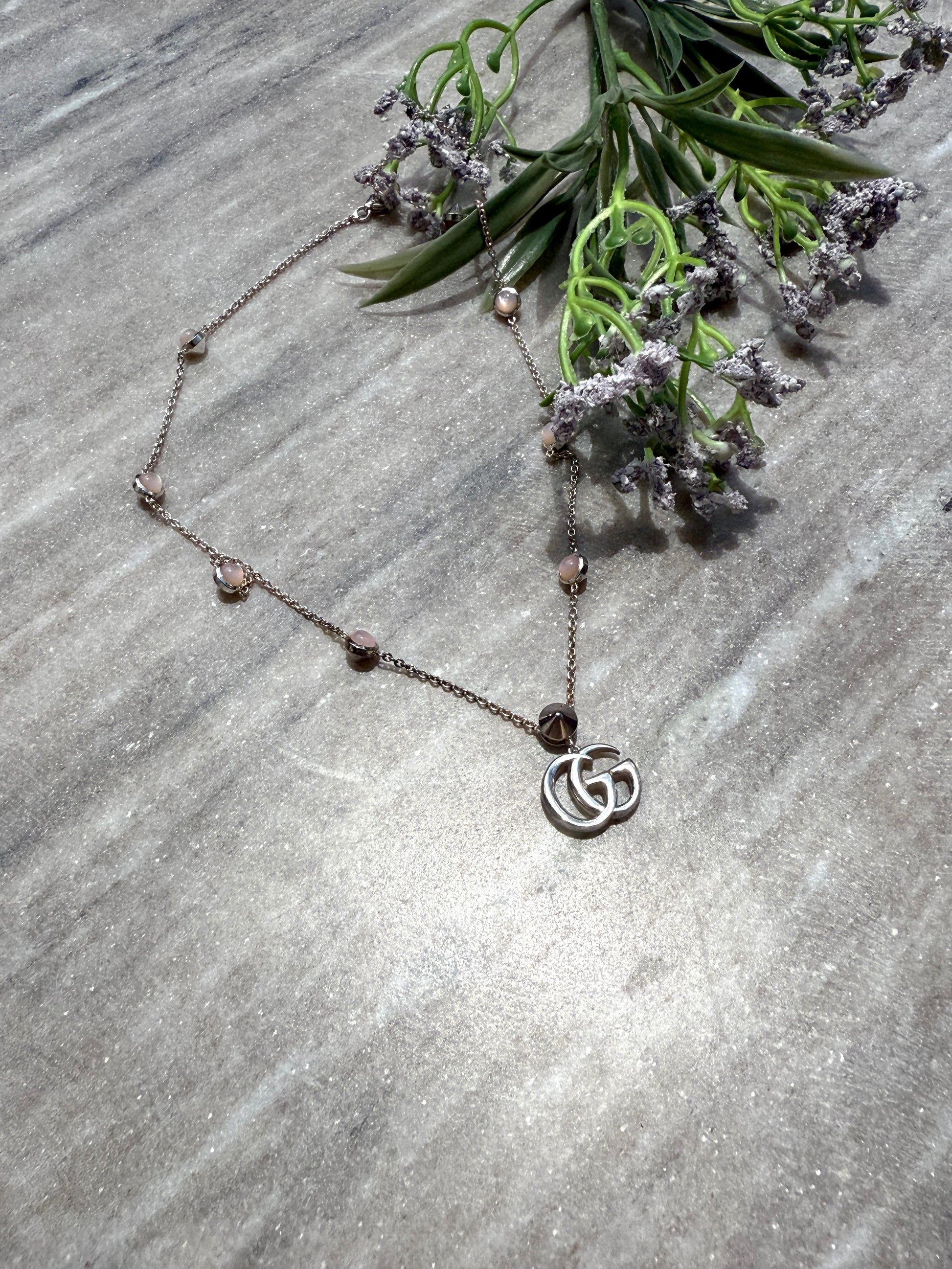 GUCCI Silver Marmont Mother of Pearl GG Logo Pendant Necklace