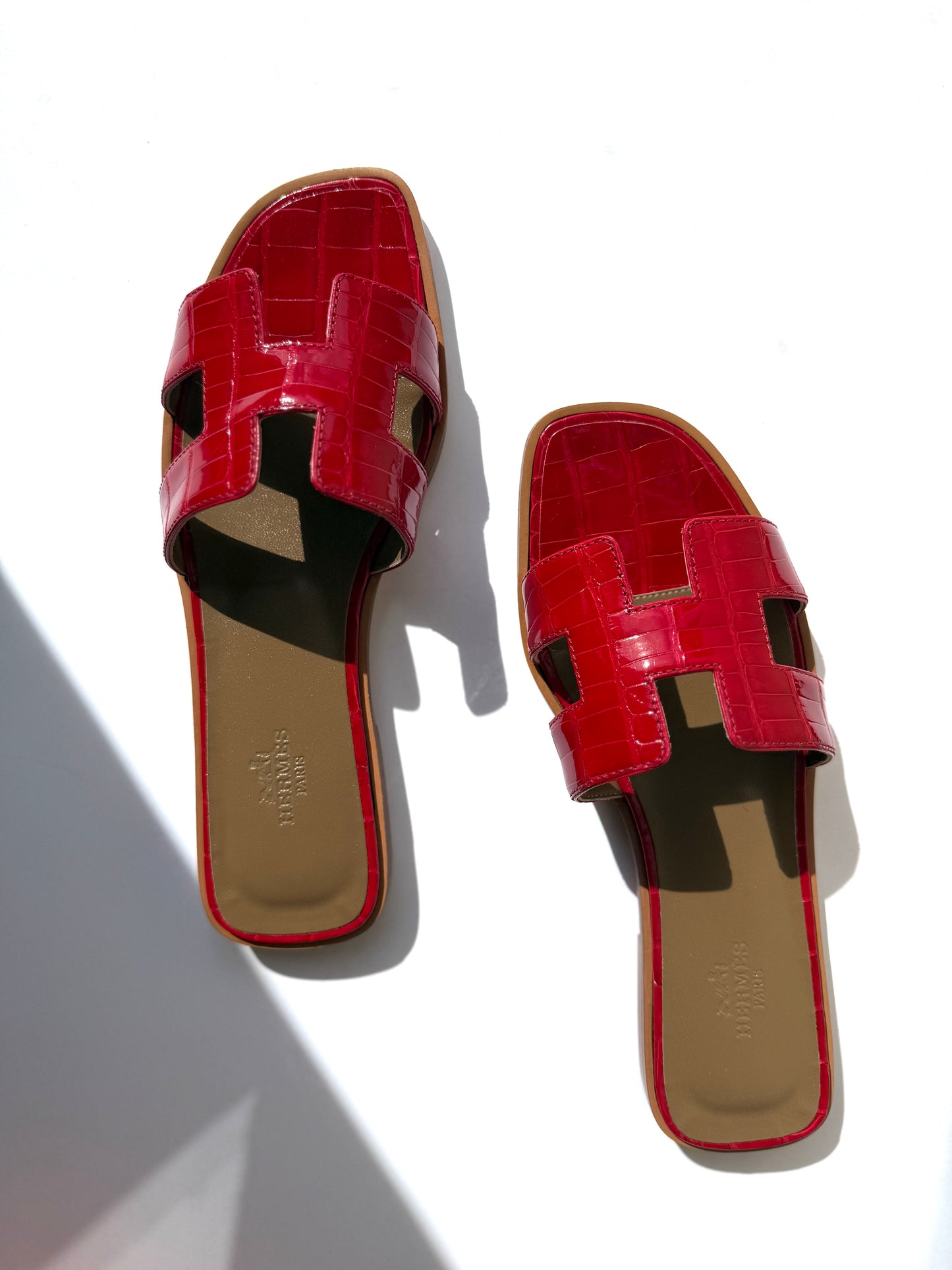 Hermes Oran Red Braise Shiny Crocodile Leather Slide Sandals 37 NIB