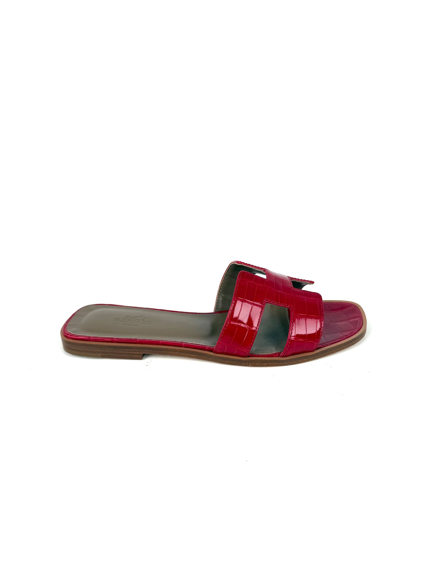 Hermes Oran Red Braise Shiny Crocodile Leather Slide Sandals 37 NIB