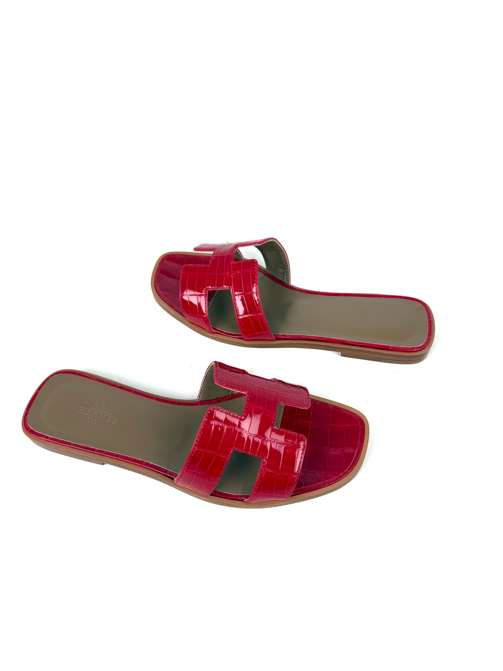 Hermes Oran Red Braise Shiny Crocodile Leather Slide Sandals 37 NIB