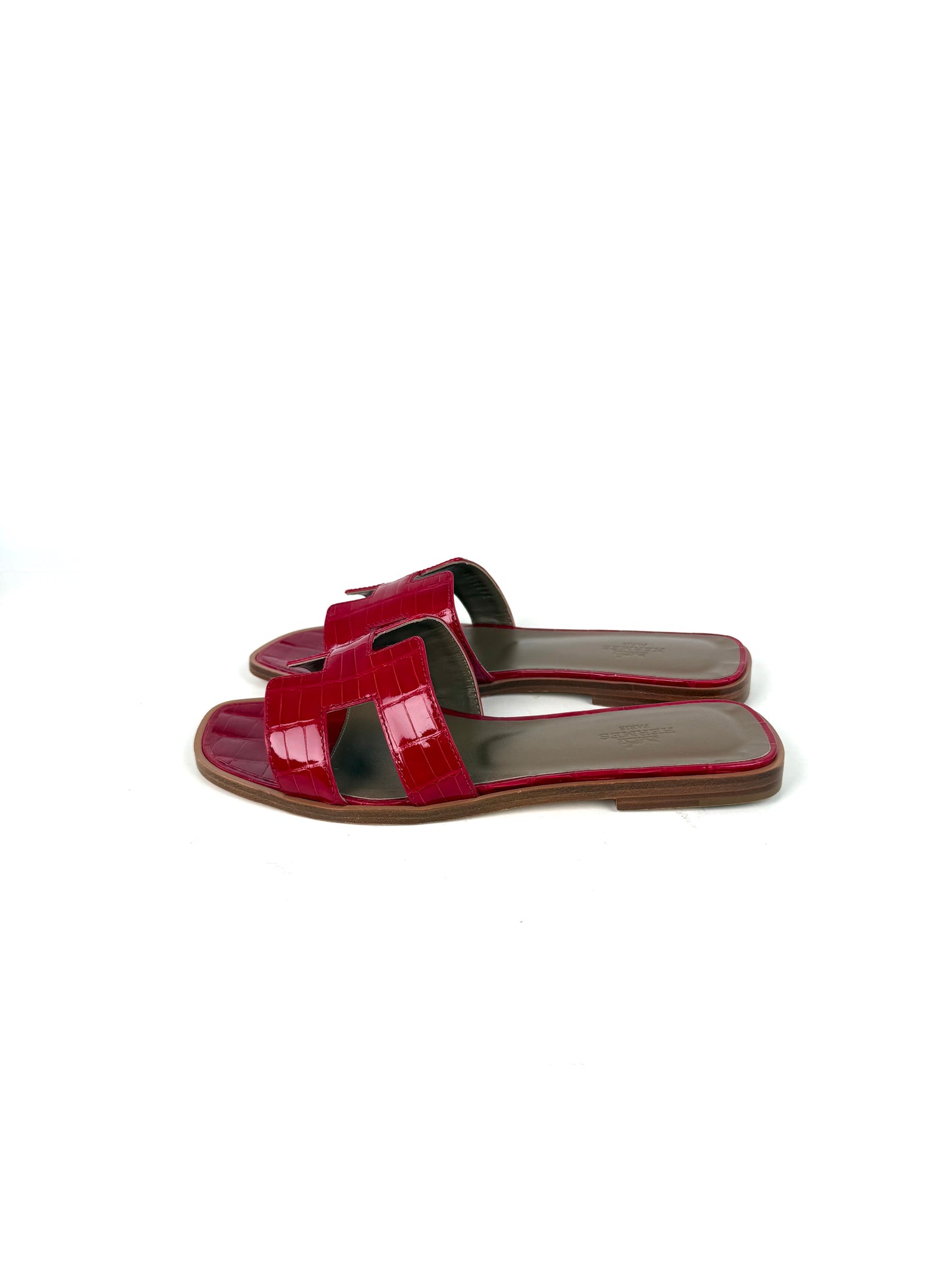 Hermes Oran Red Braise Shiny Crocodile Leather Slide Sandals 37 NIB