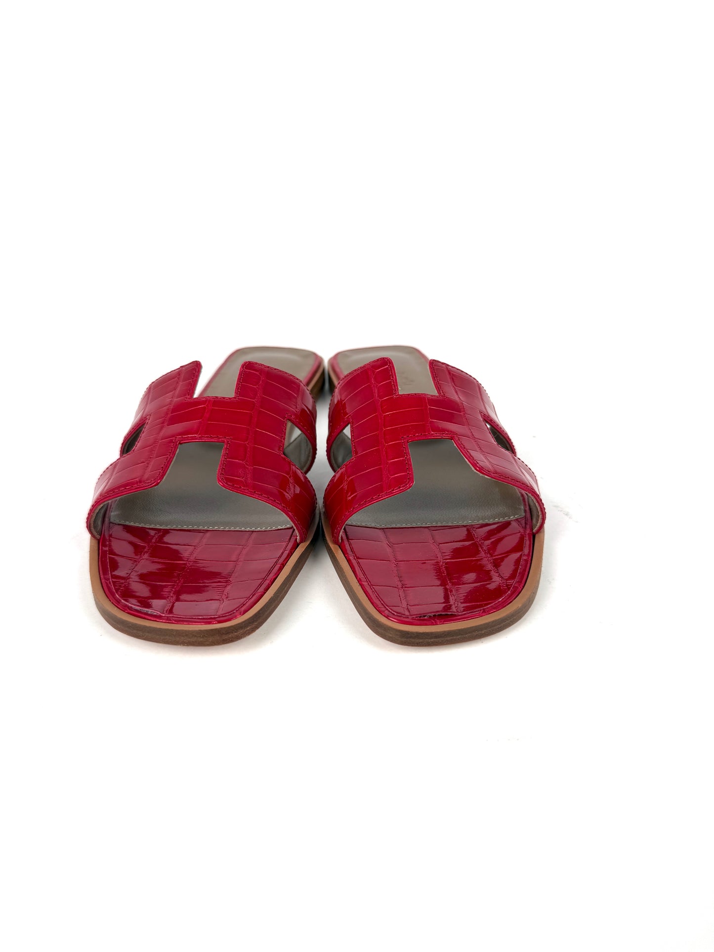Hermes Oran Red Braise Shiny Crocodile Leather Slide Sandals 37 NIB