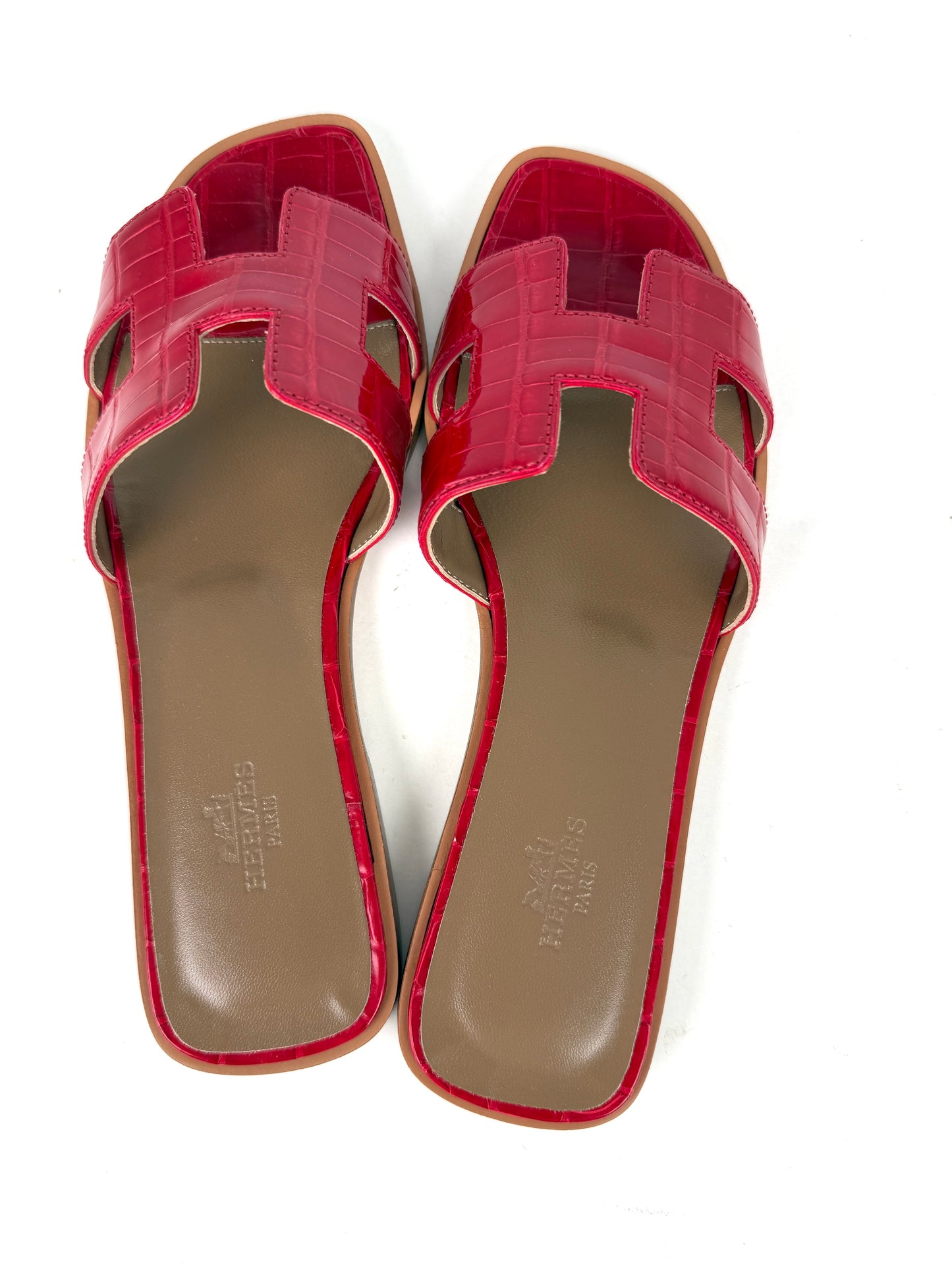 Hermes Oran Red Braise Shiny Crocodile Leather Slide Sandals 37 NIB