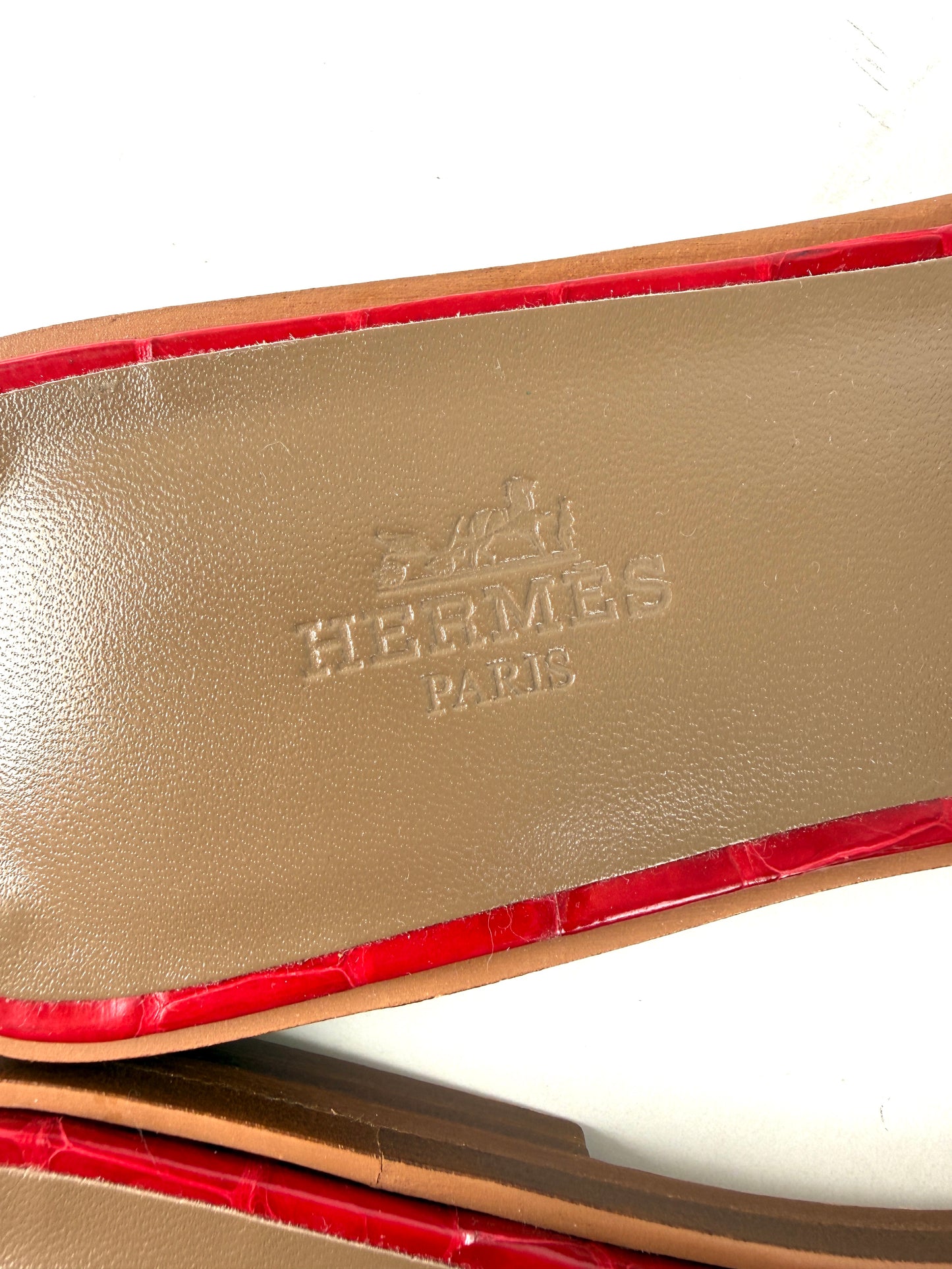 Hermes Oran Red Braise Shiny Crocodile Leather Slide Sandals 37 NIB