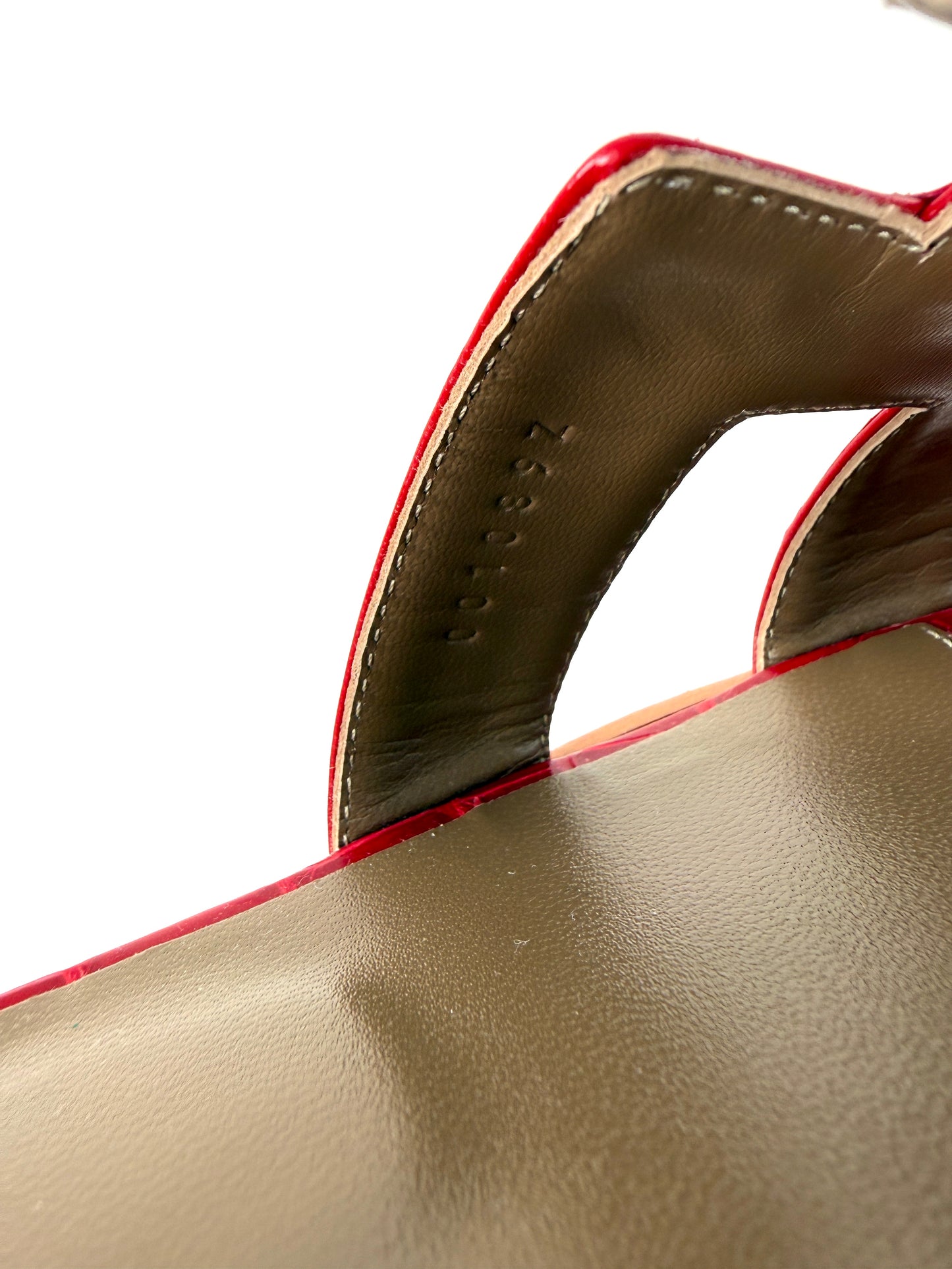 Hermes Oran Red Braise Shiny Crocodile Leather Slide Sandals 37 NIB